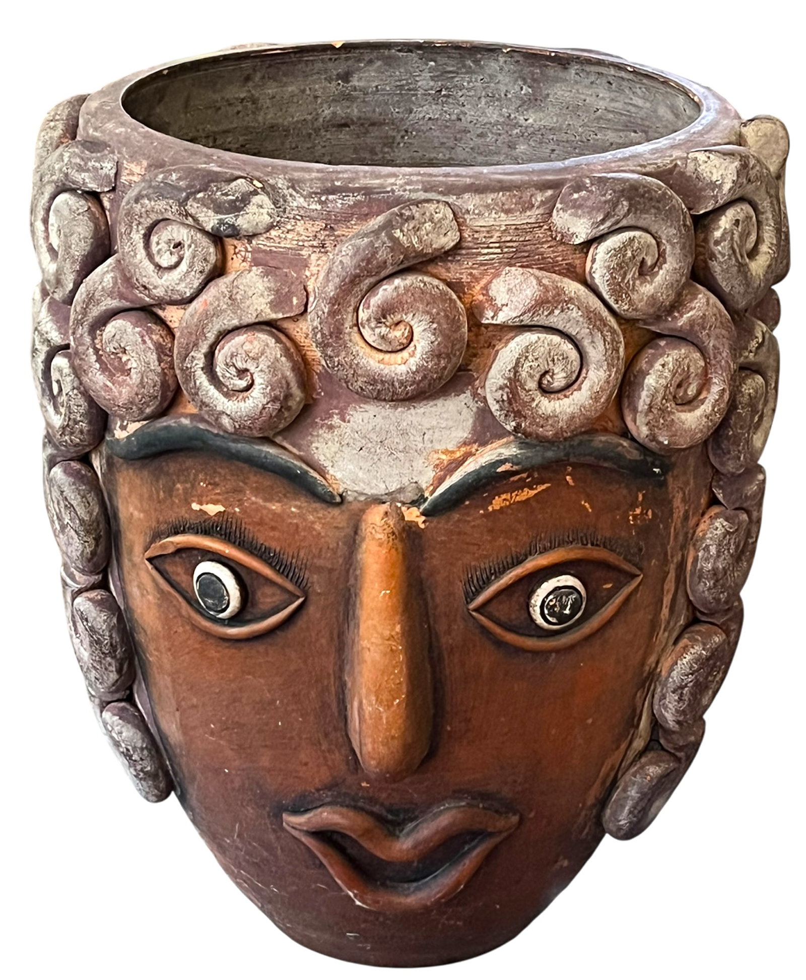 1960s Monumental Handcrafted Mexican Terra Cotta Janus Head Planter / Vessel With Spiral Relief Moti - 3