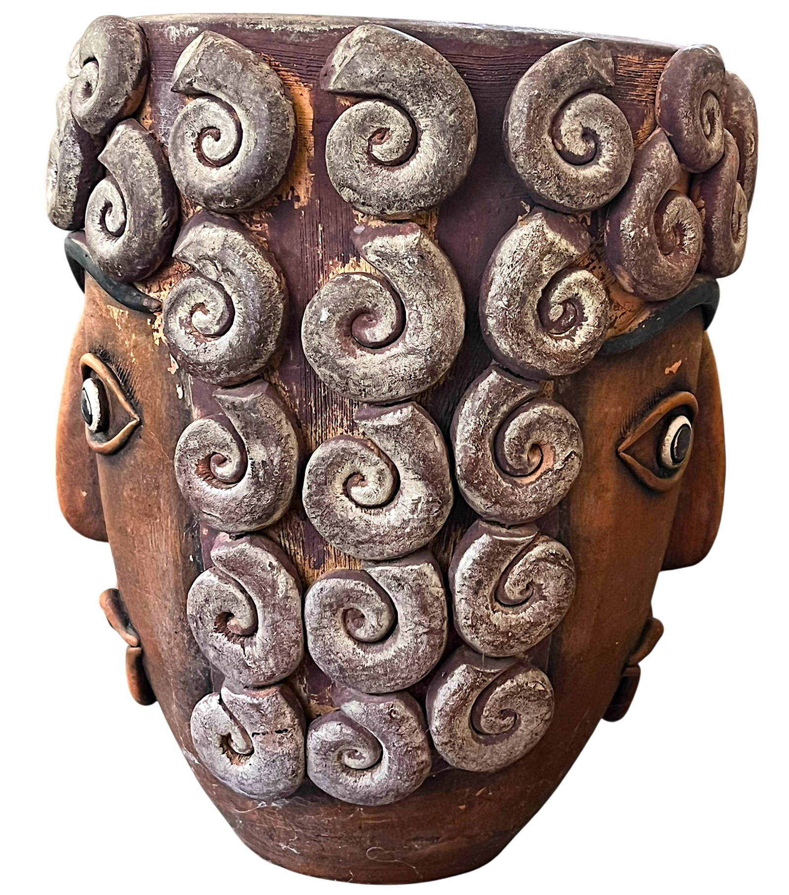 1960s Monumental Handcrafted Mexican Terra Cotta Janus Head Planter / Vessel With Spiral Relief Moti - 5