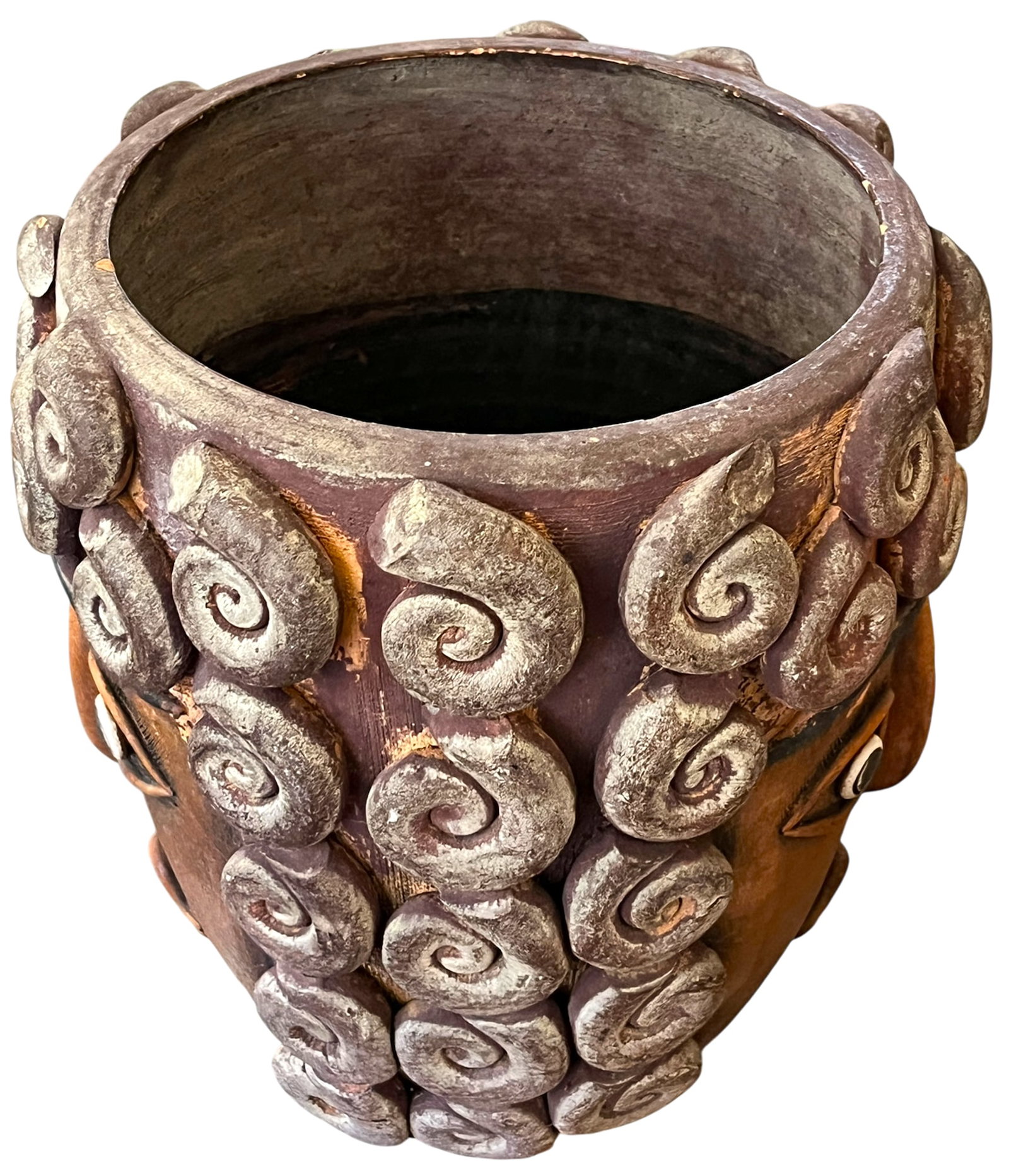 1960s Monumental Handcrafted Mexican Terra Cotta Janus Head Planter / Vessel With Spiral Relief Moti - 6