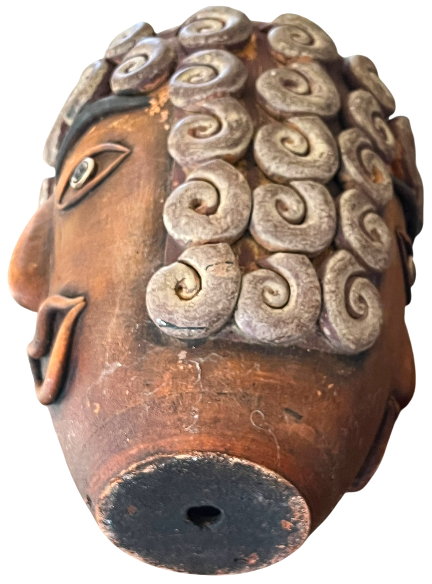 1960s Monumental Handcrafted Mexican Terra Cotta Janus Head Planter / Vessel With Spiral Relief Moti - 7