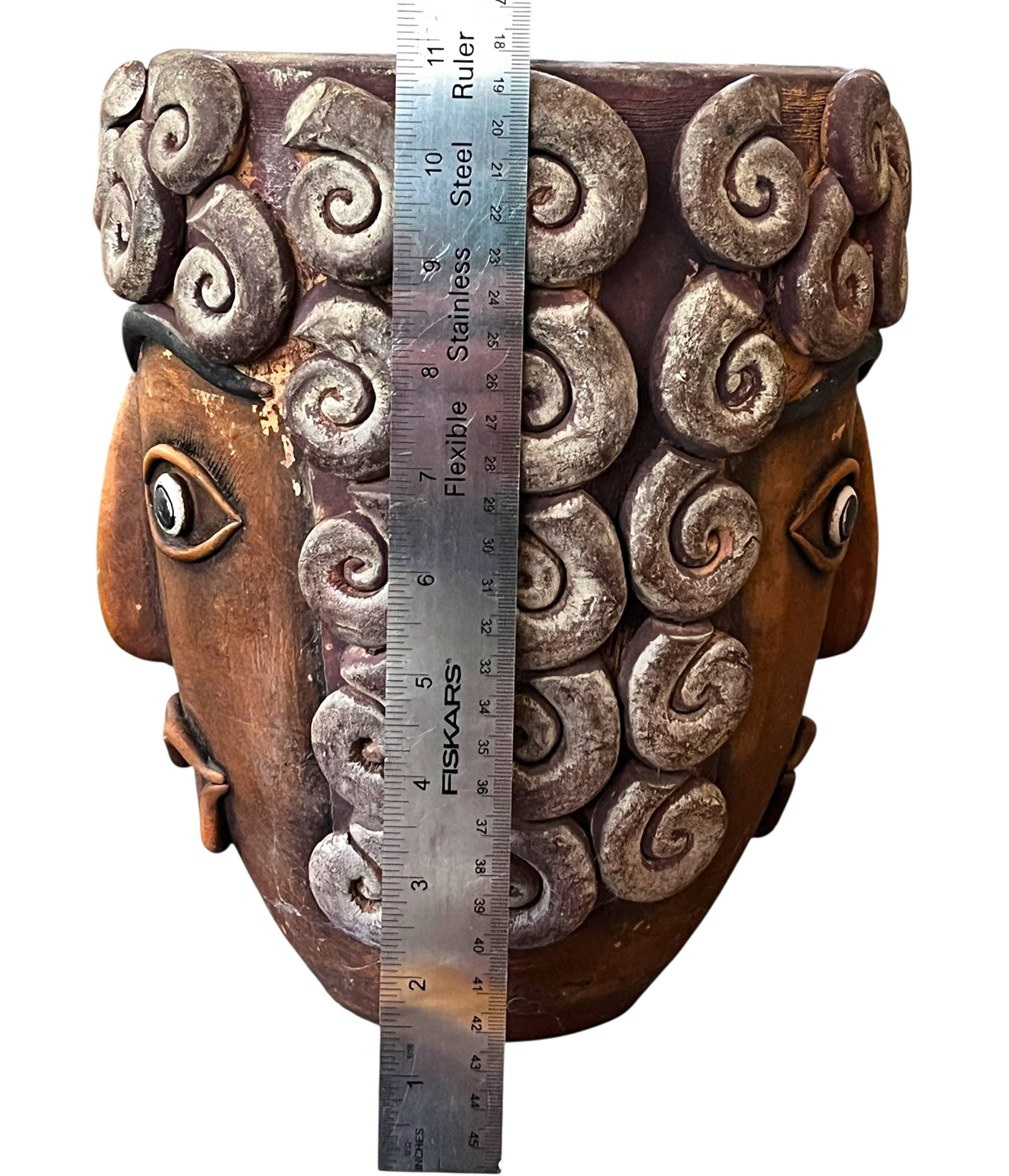 1960s Monumental Handcrafted Mexican Terra Cotta Janus Head Planter / Vessel With Spiral Relief Moti - 8