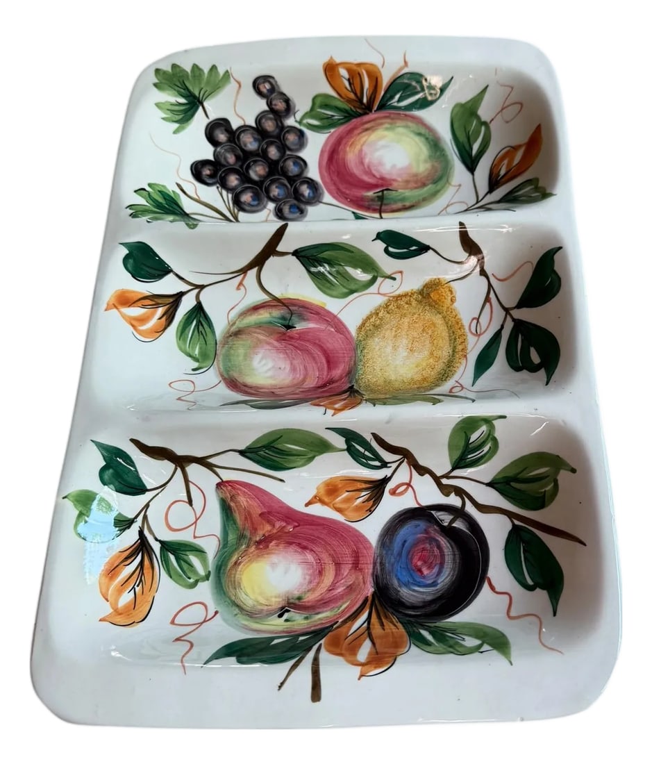 1950s Italian Hand Painted Fruit Serving Platter Ceramic: This Italian mid-century piece is a white ceramic serving platter with three compartments, featuring a hand-painted fruit motif design. Just beautiful! Made in Italy. Height: 1.5 Width: 10" Length: