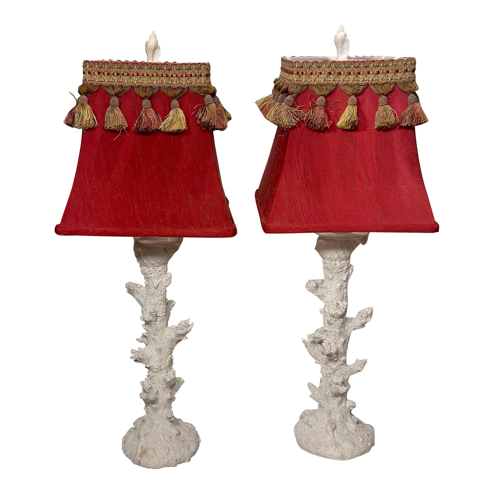 Late 20th Century Faux Coral Lamps by Turtle and Crane - A Pair: Channeling the sun-drenched glamour and unapologetic luxury of classic coastal estates, this striking pair of faux coral table lamps is a maximalist designer's dream. The sculptural bases are