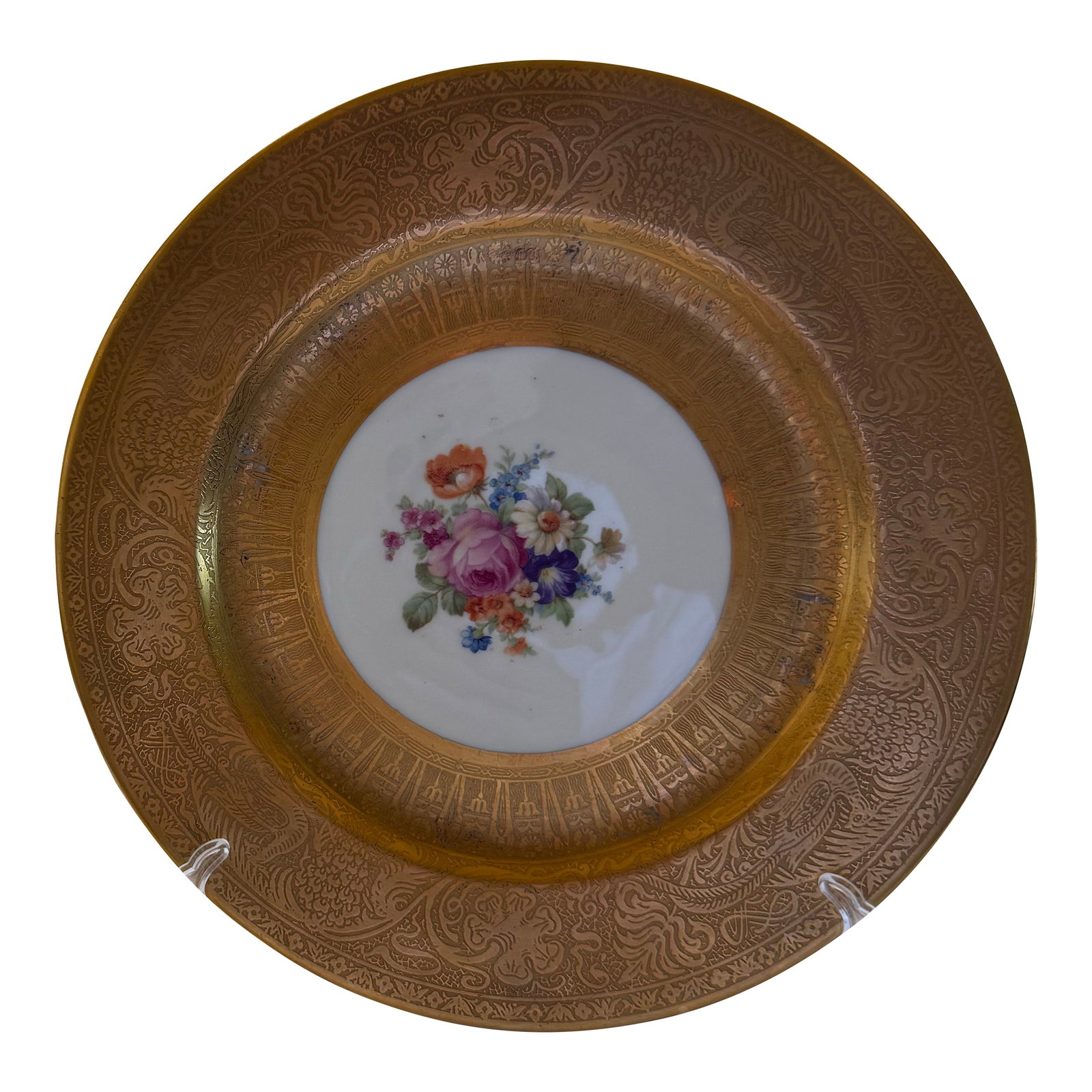 1910s Thomas Bavaria "Warranted 22 Carat Gold" Porcelain Service Plates, Set of 9, Germany, Earl: Nine magnificent German porcelain service plates of exceptional quality, made by Thomas of Bavaria and decorated with warranted 22-carat gold "” a distinction stamped proudly on each backstamp. 