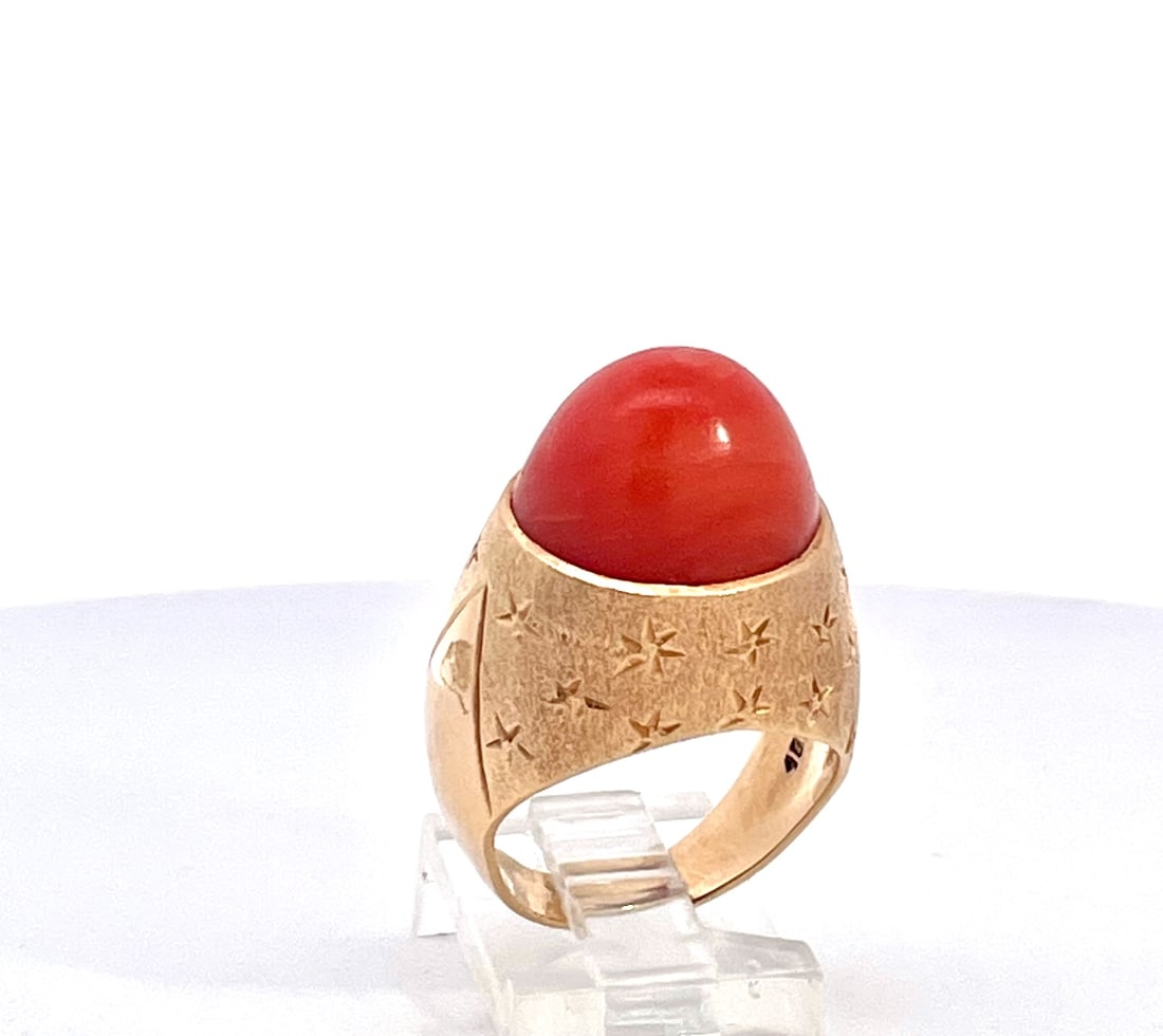 1940s Yellow Gold Mediterranean Coral Cocktail Ring, Unique Design, Size 6.5 - 4