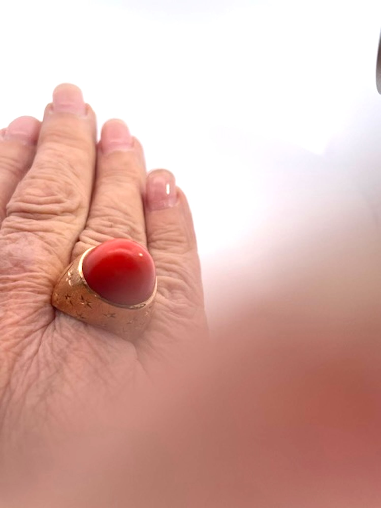 1940s Yellow Gold Mediterranean Coral Cocktail Ring, Unique Design, Size 6.5 - 5