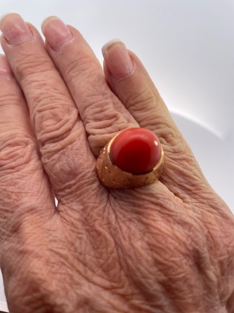 1940s Yellow Gold Mediterranean Coral Cocktail Ring, Unique Design, Size 6.5 - 6