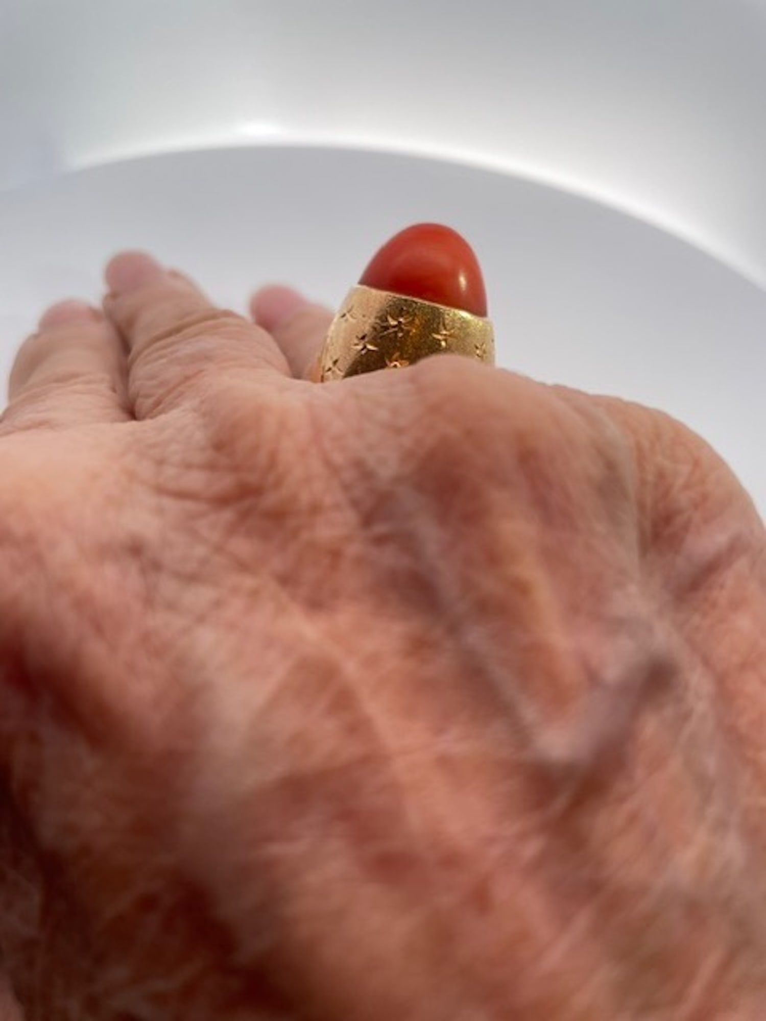 1940s Yellow Gold Mediterranean Coral Cocktail Ring, Unique Design, Size 6.5 - 7