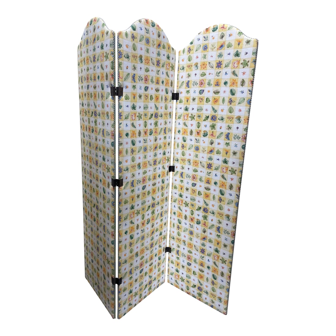 Upholstered 3-Panel Folding Screen: A reversible 3-panel folding screen upholstered in a cheerful floral motif pattern. This arched top folding screen is fully upholstered on both sides: on the one side is a plaid floral pattern in