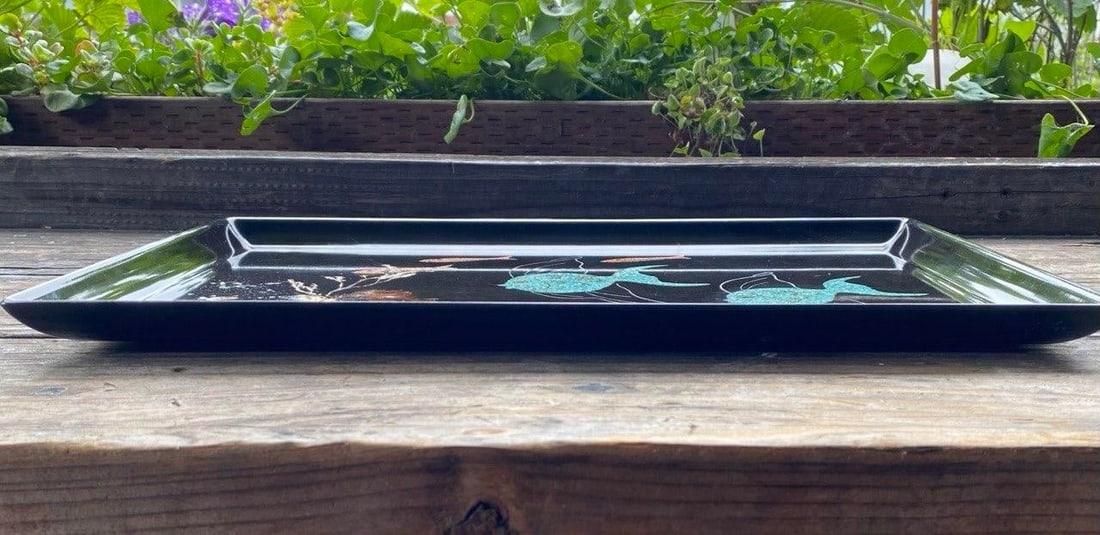 Vintage Couroc of Monterey Turquoise Angel Fish Tray With Genuine Abalone and Seaweed Inlay - 12