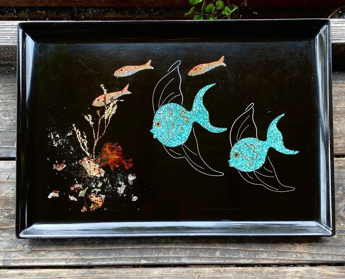 Vintage Couroc of Monterey Turquoise Angel Fish Tray With Genuine Abalone and Seaweed Inlay - 2