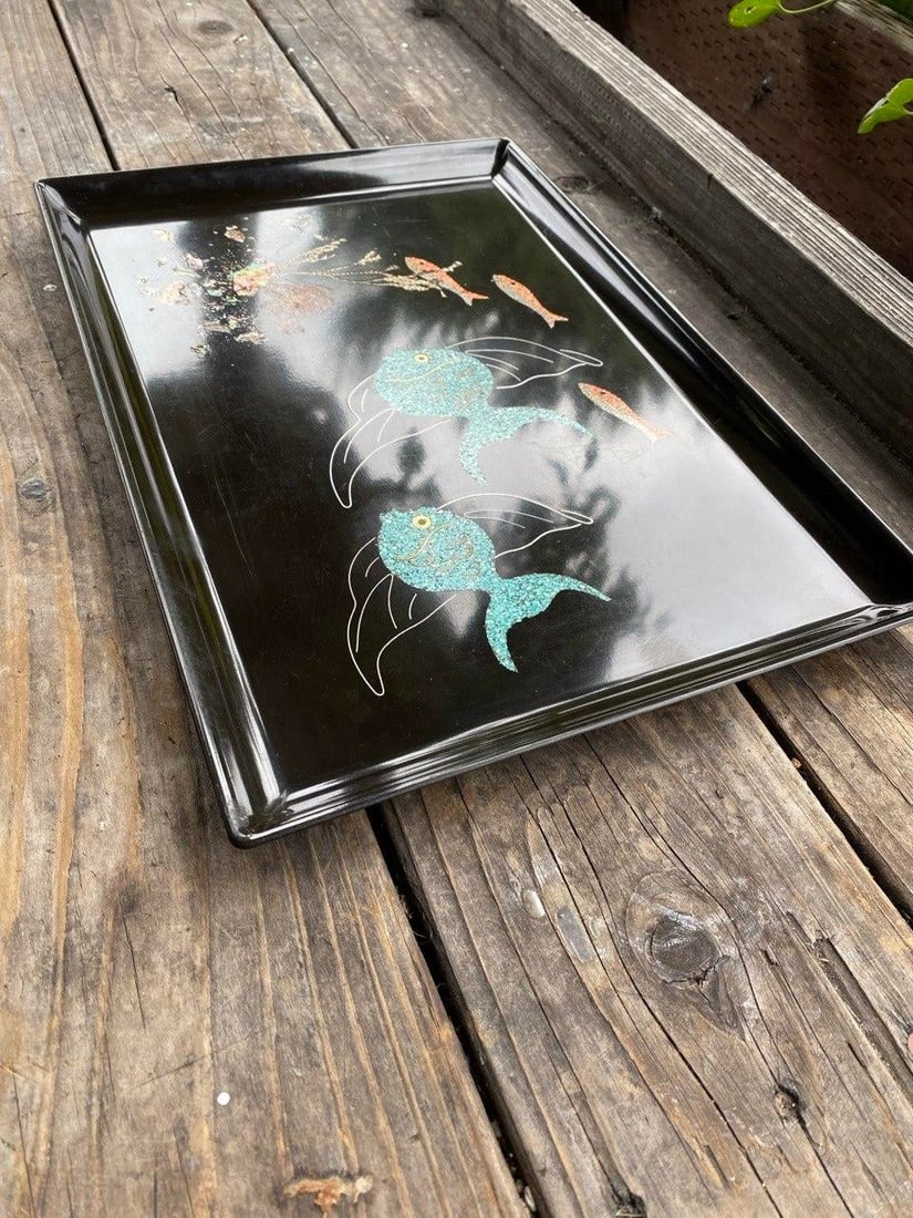 Vintage Couroc of Monterey Turquoise Angel Fish Tray With Genuine Abalone and Seaweed Inlay - 3