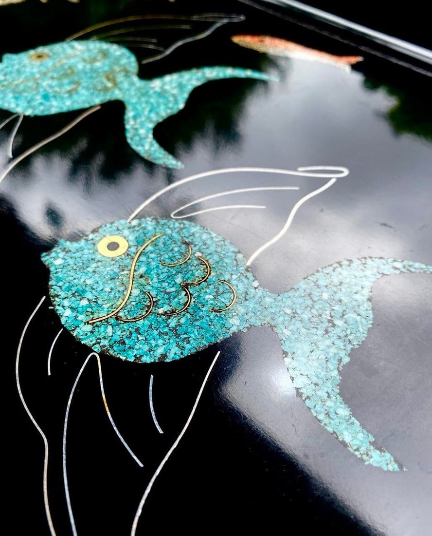 Vintage Couroc of Monterey Turquoise Angel Fish Tray With Genuine Abalone and Seaweed Inlay - 4