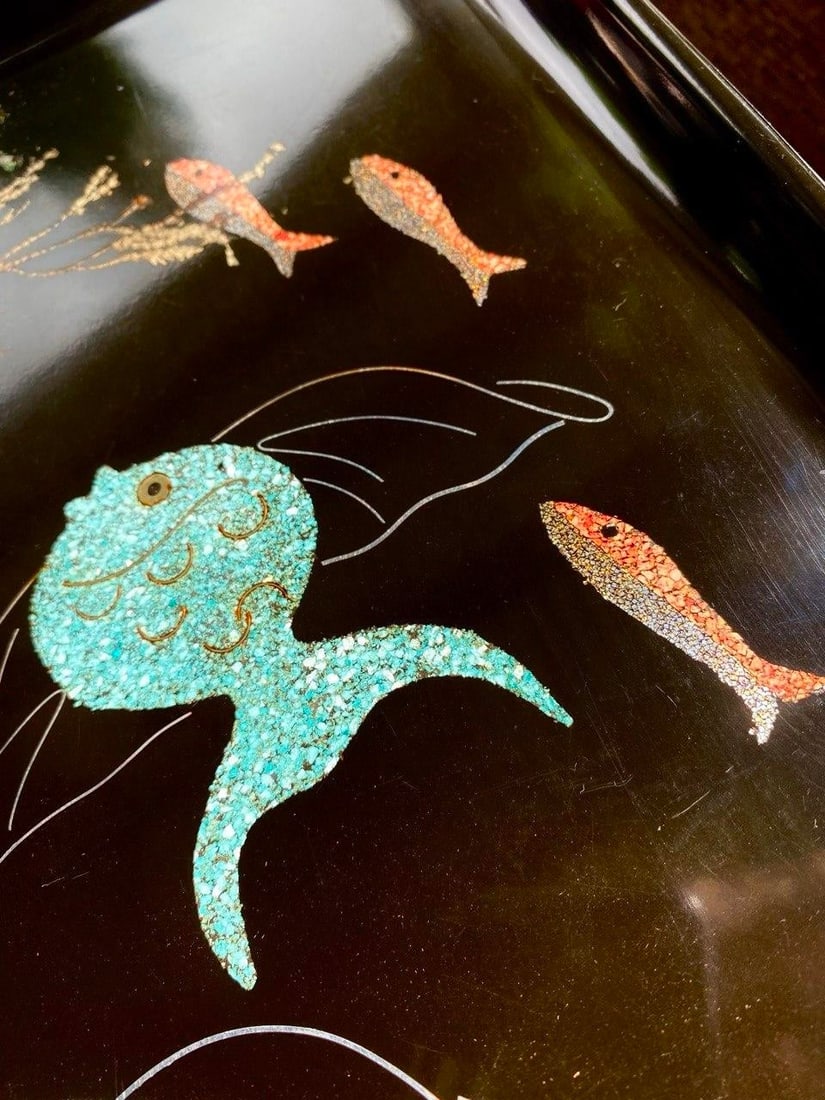 Vintage Couroc of Monterey Turquoise Angel Fish Tray With Genuine Abalone and Seaweed Inlay - 5