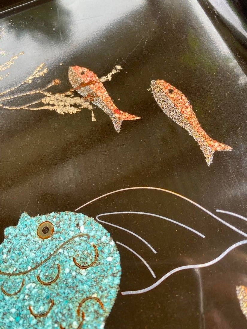 Vintage Couroc of Monterey Turquoise Angel Fish Tray With Genuine Abalone and Seaweed Inlay - 6