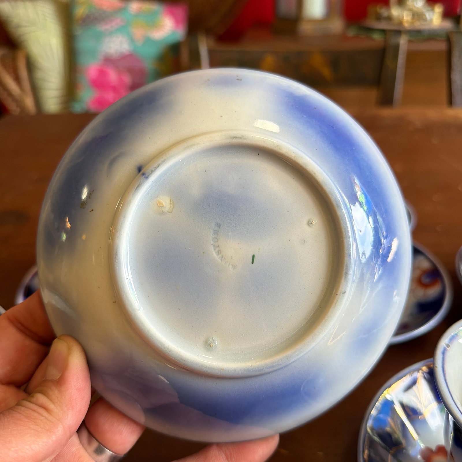 Antique Gaudy Welsh Crescent Pinwheel Flow Blue Cups & Saucers, Set of 5, Circa 1840s - 10