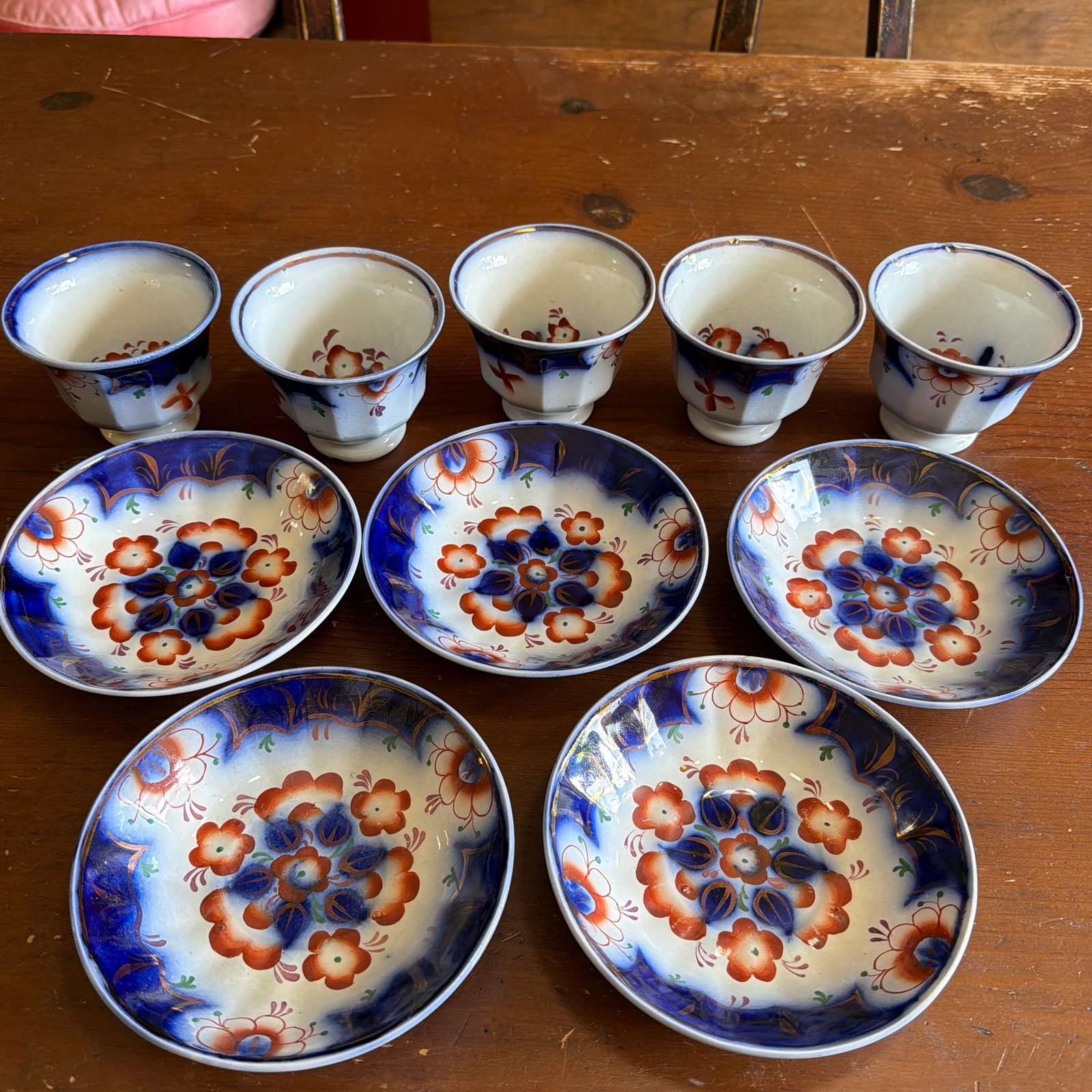 Antique Gaudy Welsh Crescent Pinwheel Flow Blue Cups & Saucers, Set of 5, Circa 1840s - 11