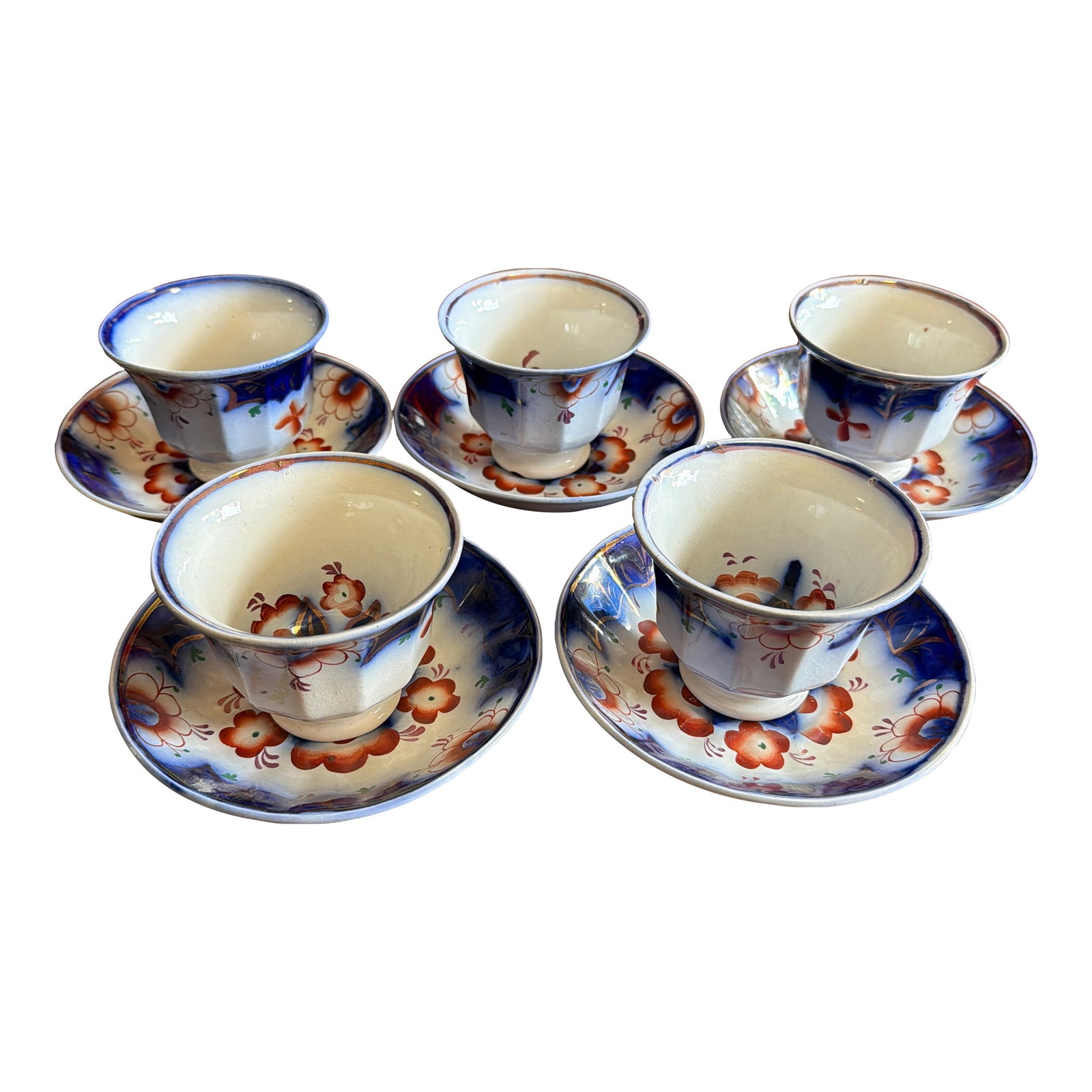 Antique Gaudy Welsh Crescent Pinwheel Flow Blue Cups & Saucers, Set of 5, Circa 1840s: Antique Gaudy Welsh Crescent Pinwheel Flow Blue Cups & Saucers, Set of 5, Circa 1840s A rare and wonderful set of five cups and saucers in the highly collectible Crescent Pinwheel pattern "”