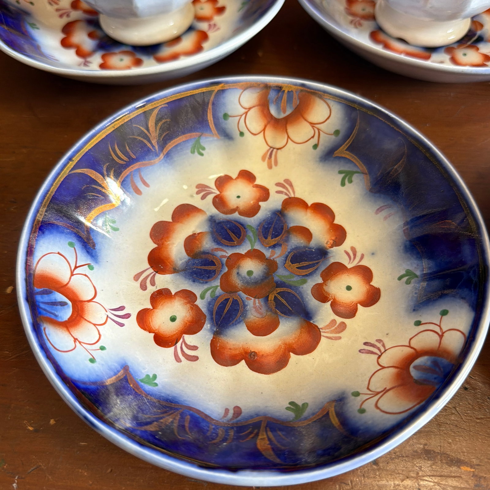 Antique Gaudy Welsh Crescent Pinwheel Flow Blue Cups & Saucers, Set of 5, Circa 1840s - 2