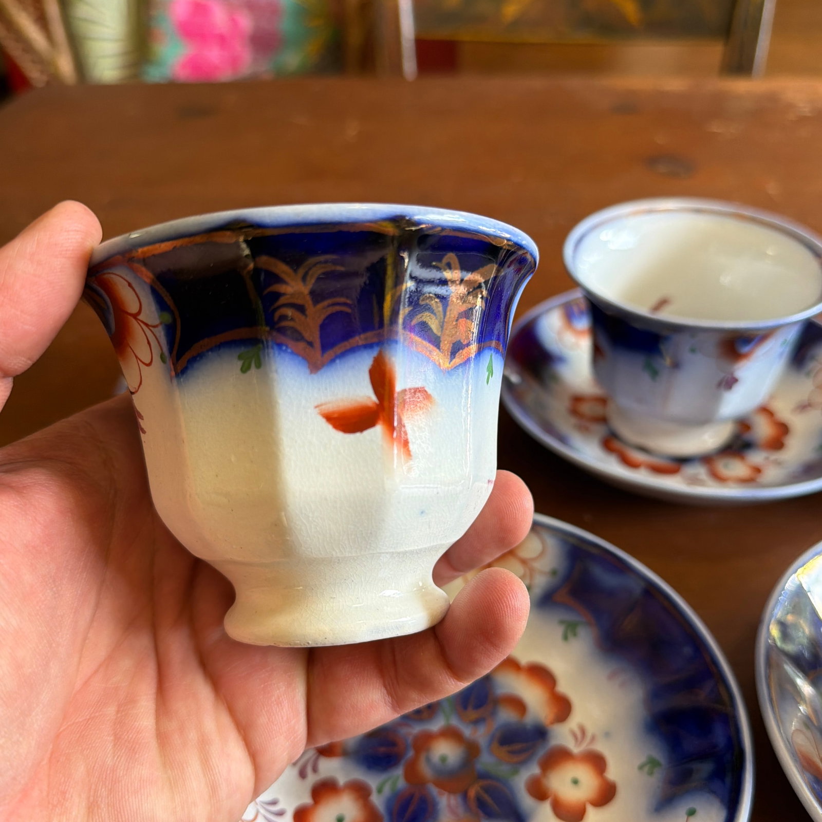 Antique Gaudy Welsh Crescent Pinwheel Flow Blue Cups & Saucers, Set of 5, Circa 1840s - 5