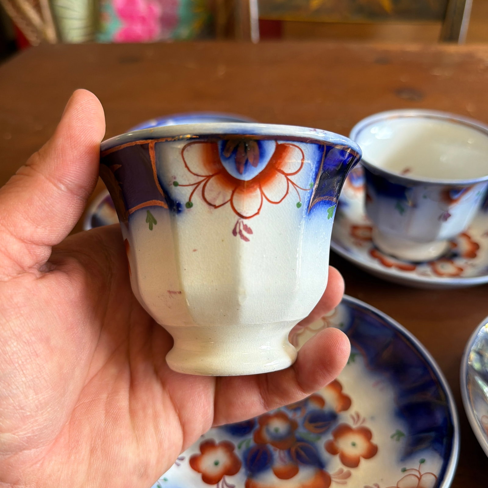 Antique Gaudy Welsh Crescent Pinwheel Flow Blue Cups & Saucers, Set of 5, Circa 1840s - 6