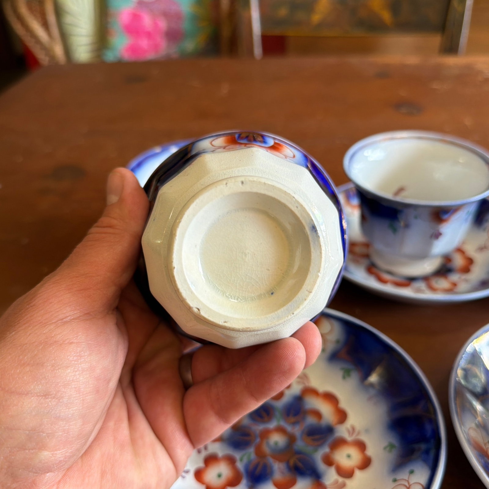 Antique Gaudy Welsh Crescent Pinwheel Flow Blue Cups & Saucers, Set of 5, Circa 1840s - 7