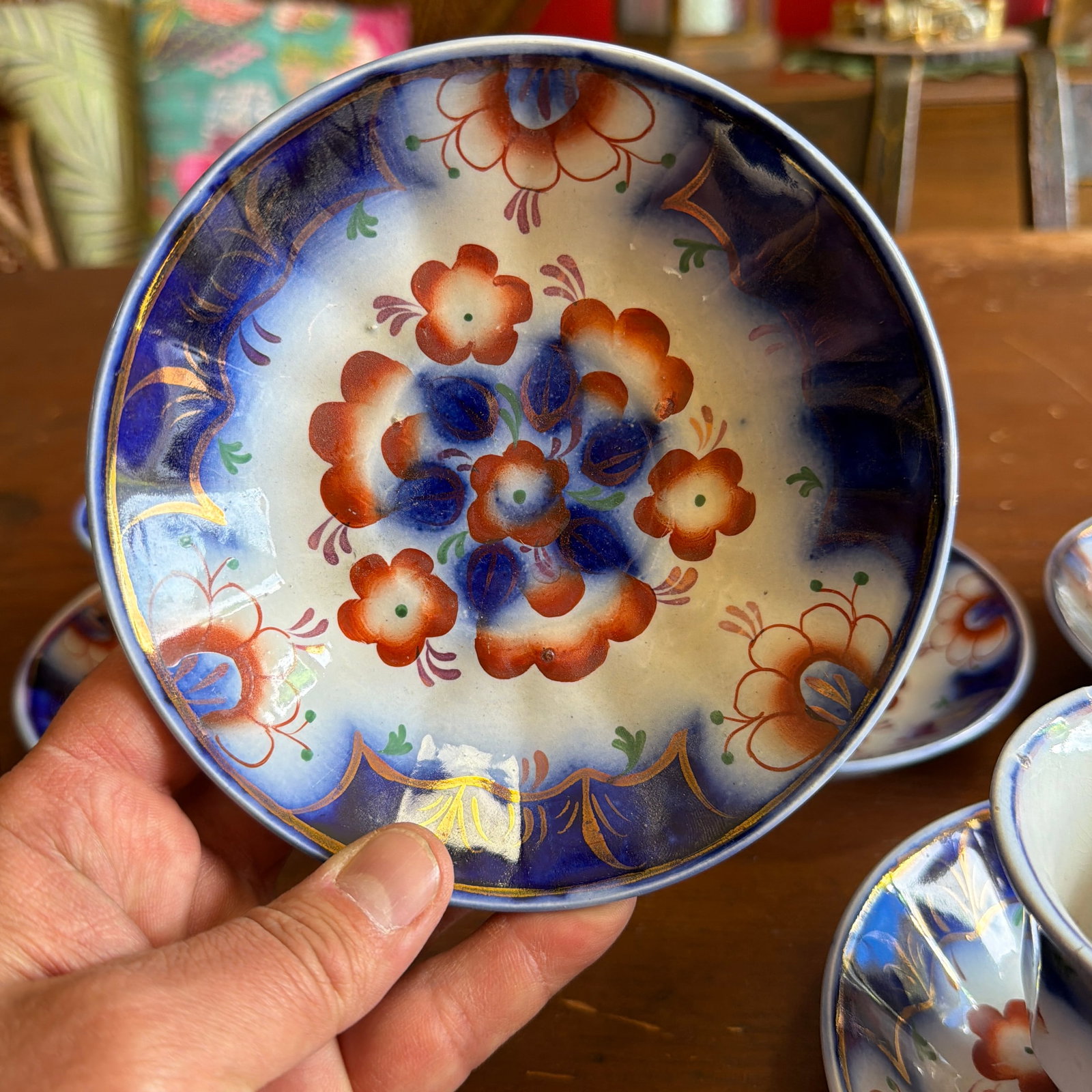 Antique Gaudy Welsh Crescent Pinwheel Flow Blue Cups & Saucers, Set of 5, Circa 1840s - 8