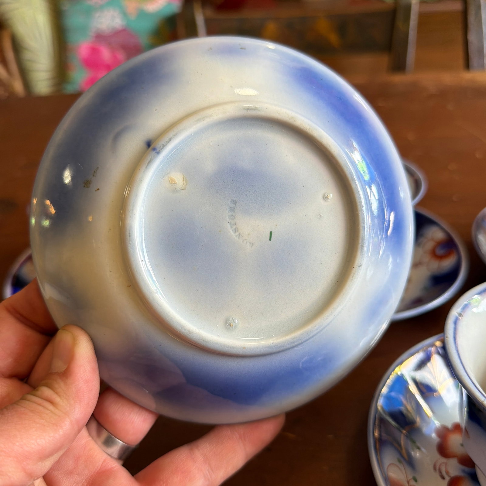 Antique Gaudy Welsh Crescent Pinwheel Flow Blue Cups & Saucers, Set of 5, Circa 1840s - 9