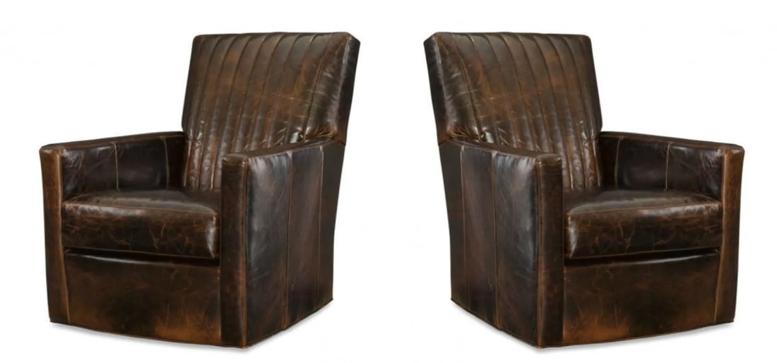 Pair of Malcolm Brown Leather Swivel Chairs - 7