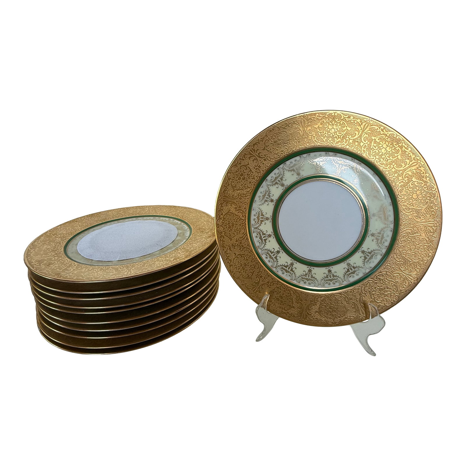 Set of 11 Edelstein Bavaria Gilt-Encrusted Service Plates, C. 1930s–40s: A set of 11 service plates by Edelstein Bavaria, Germany, circa 1930s–40s. At a generous 12" diameter, these are oversized service plates "” the showpiece of a formal place setting, design