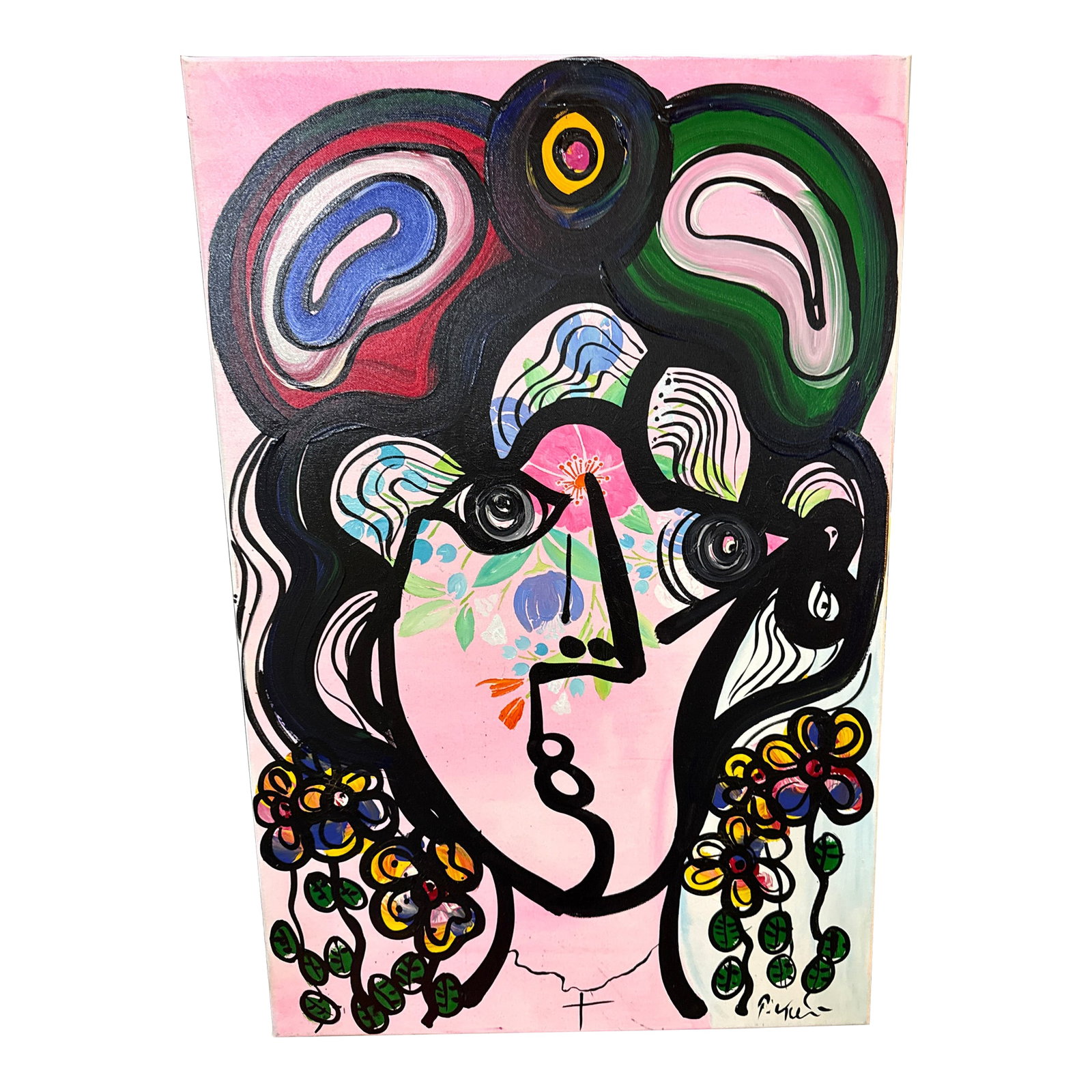 1970s Peter Keil Original Abstract Woman With Flowers Canvas Painting: 1970s Peter Keil Abstract Painting of a woman with flowers. Executed with oil on canvas, unframed. COA on back guaranteed authentic direct from Peter Keil in south florida. Condition: Alterations:
