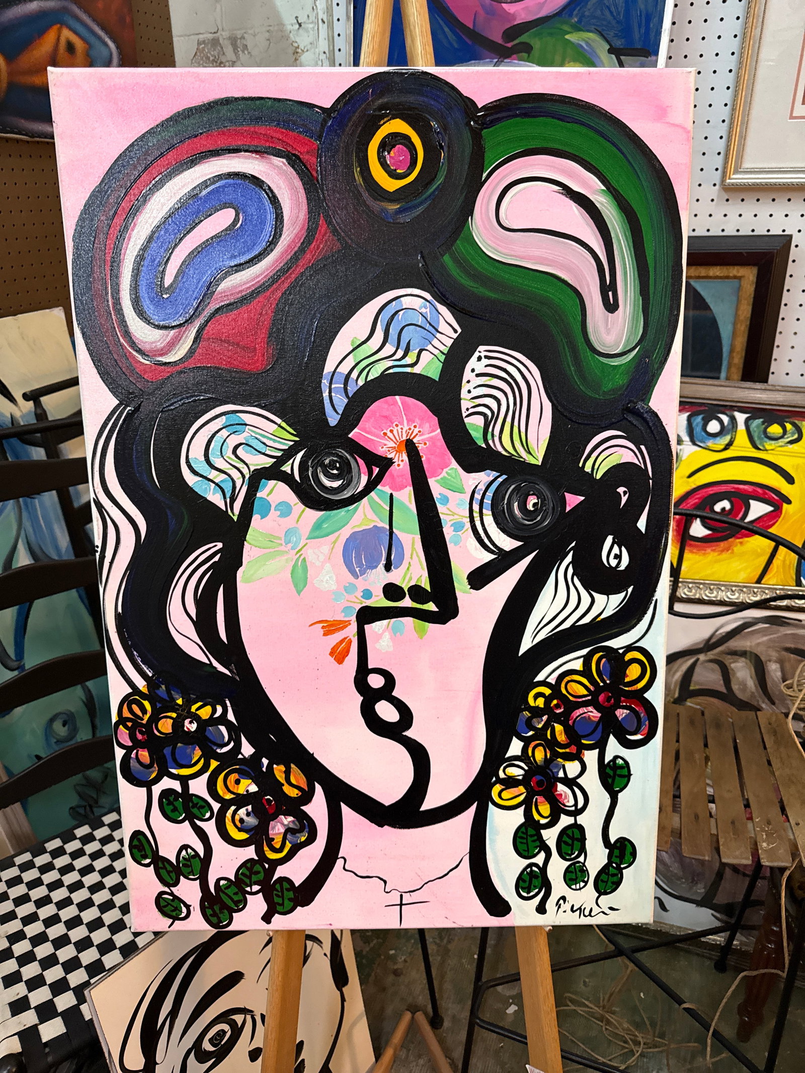 1970s Peter Keil Original Abstract Woman With Flowers Canvas Painting - 2