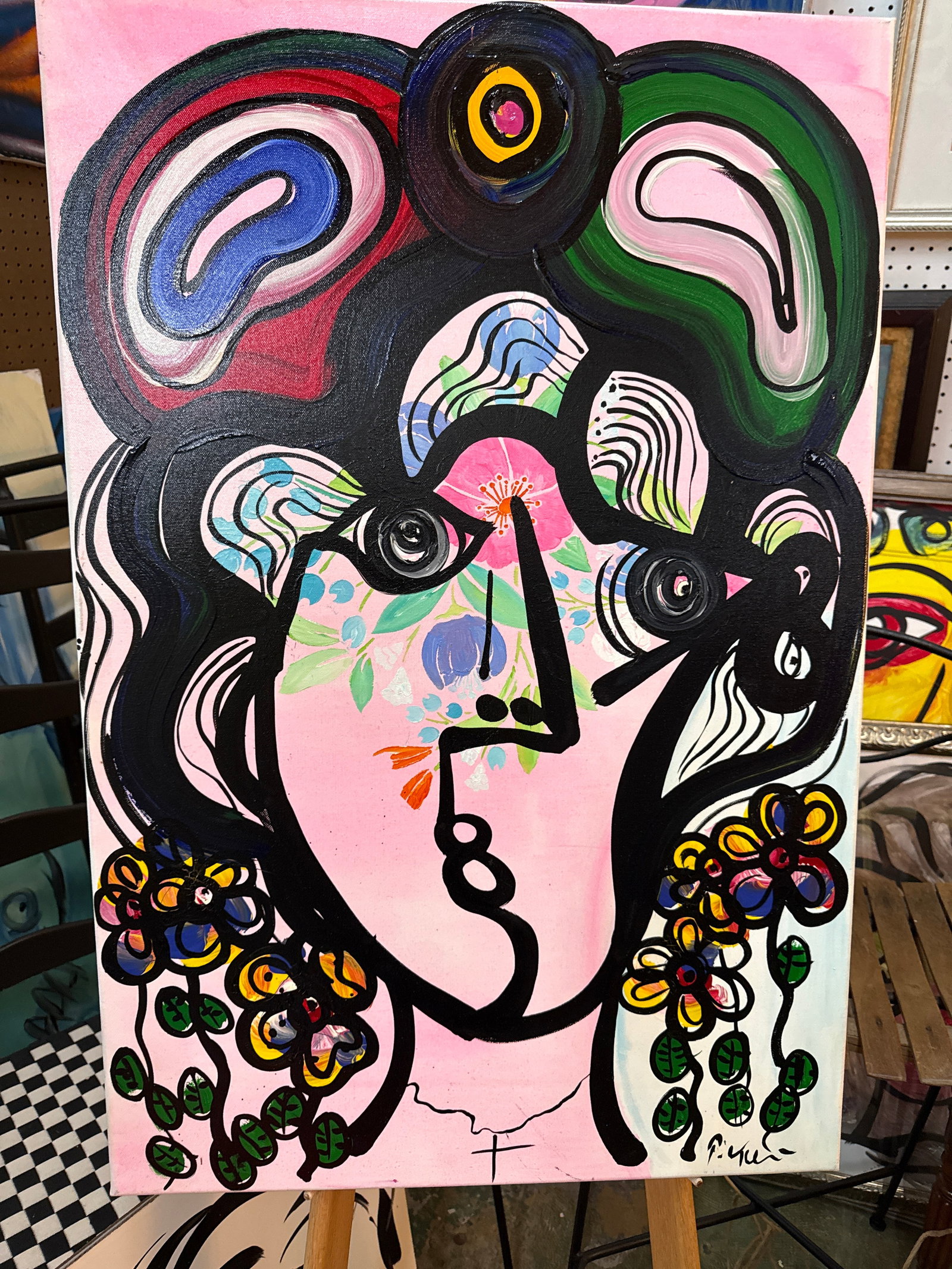 1970s Peter Keil Original Abstract Woman With Flowers Canvas Painting - 3