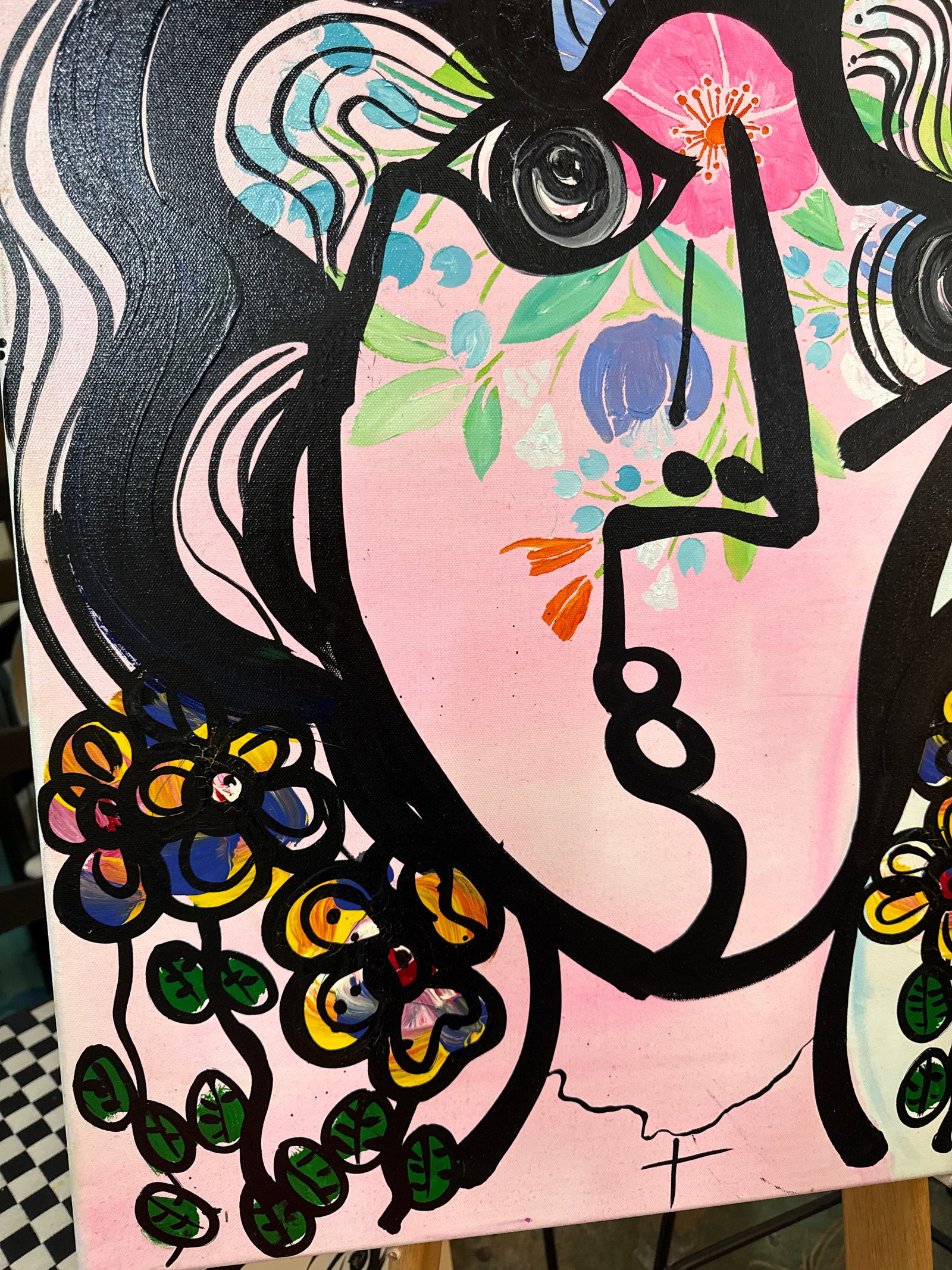 1970s Peter Keil Original Abstract Woman With Flowers Canvas Painting - 6