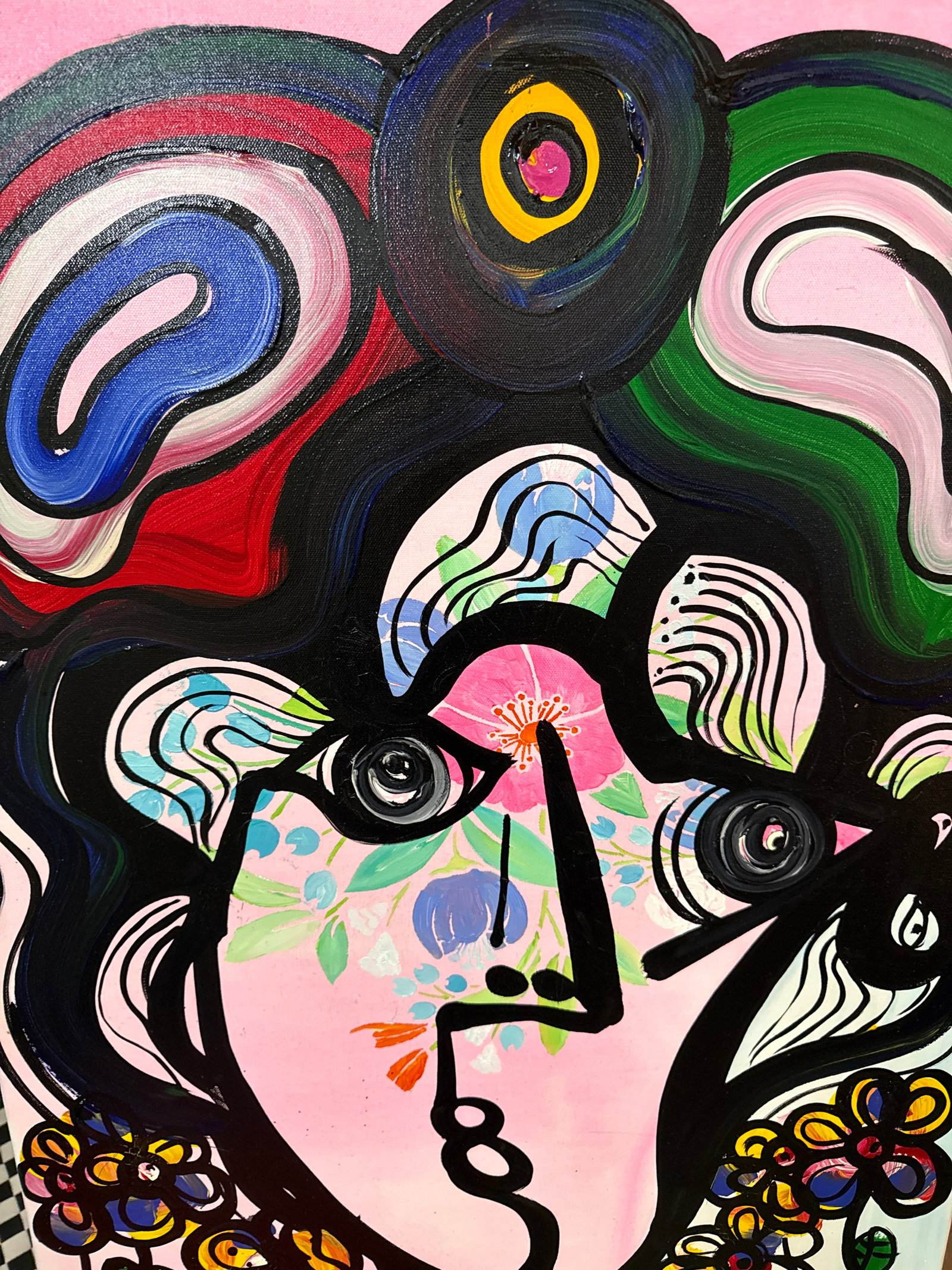 1970s Peter Keil Original Abstract Woman With Flowers Canvas Painting - 7