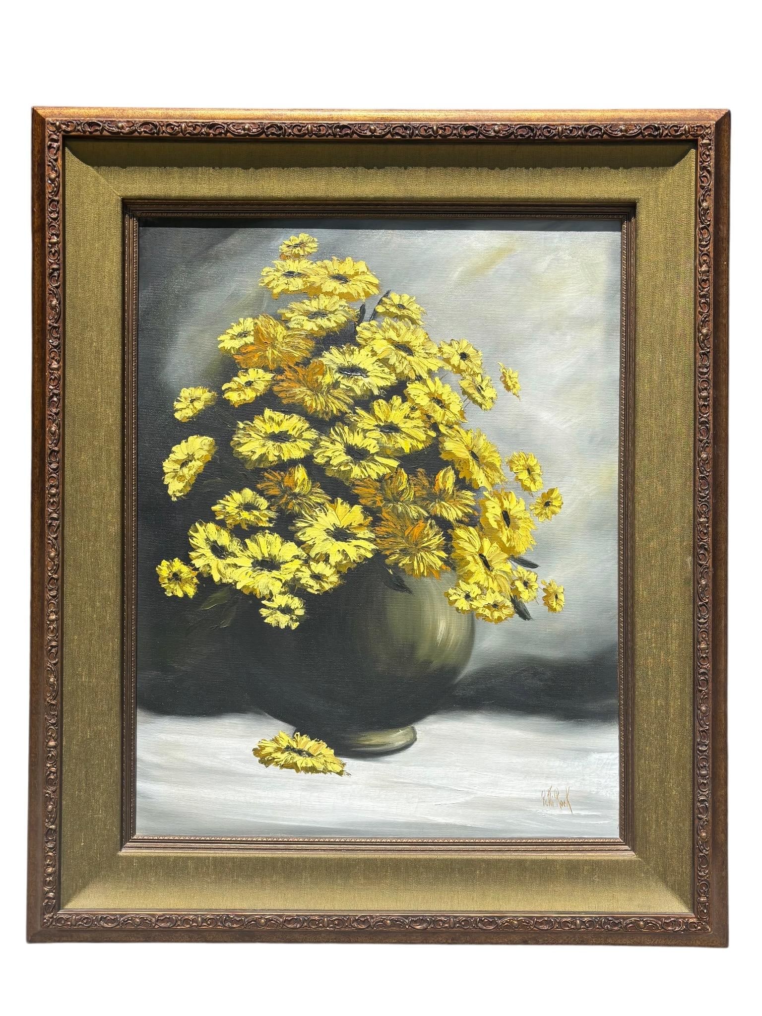 Original Mid-Century Oil on Canvas, Yellow Daisy Still Life, Signed Patti Rock, (1927 - 2004) - 2