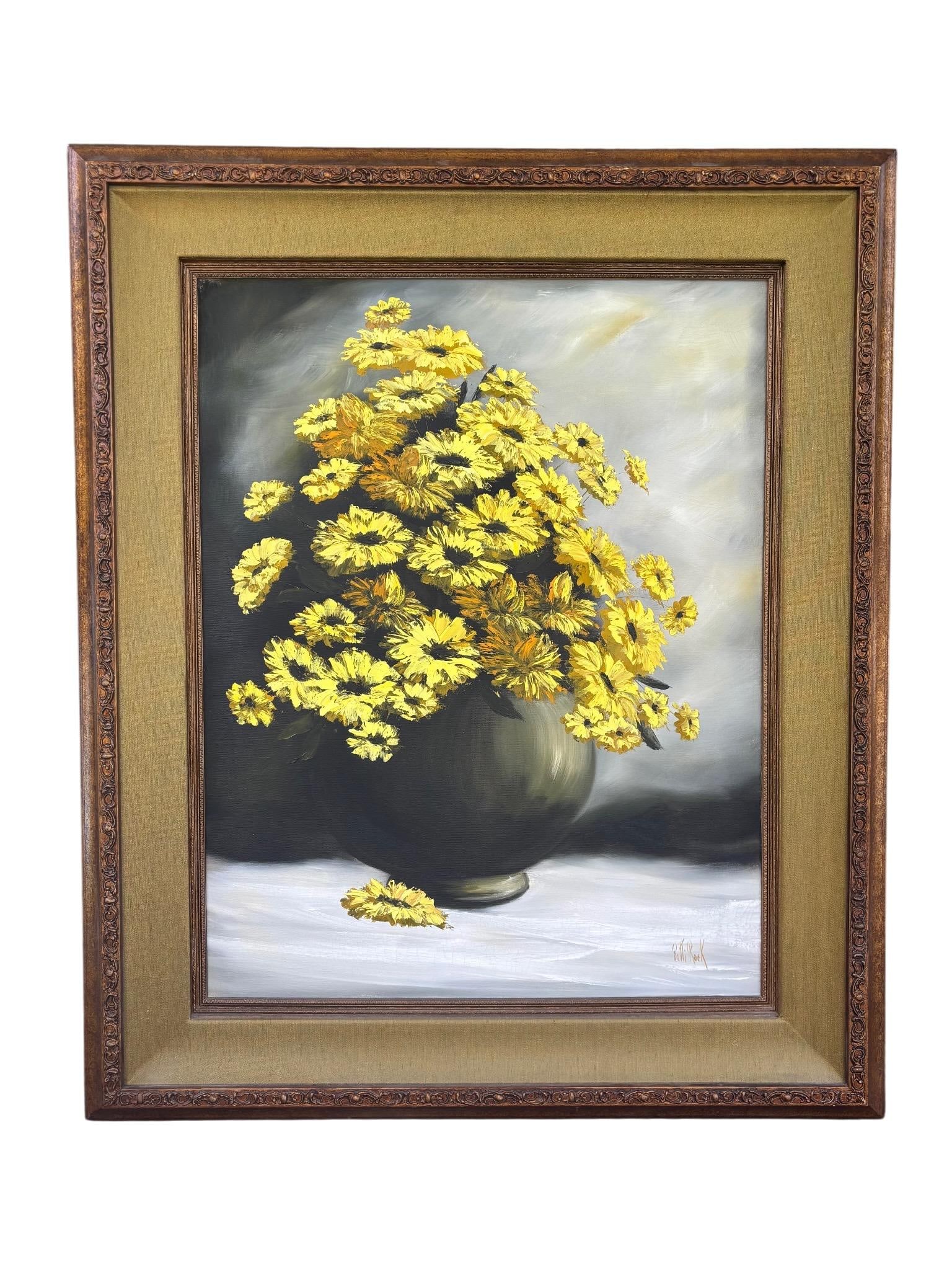 Original Mid-Century Oil on Canvas, Yellow Daisy Still Life, Signed Patti Rock, (1927 - 2004) - 3