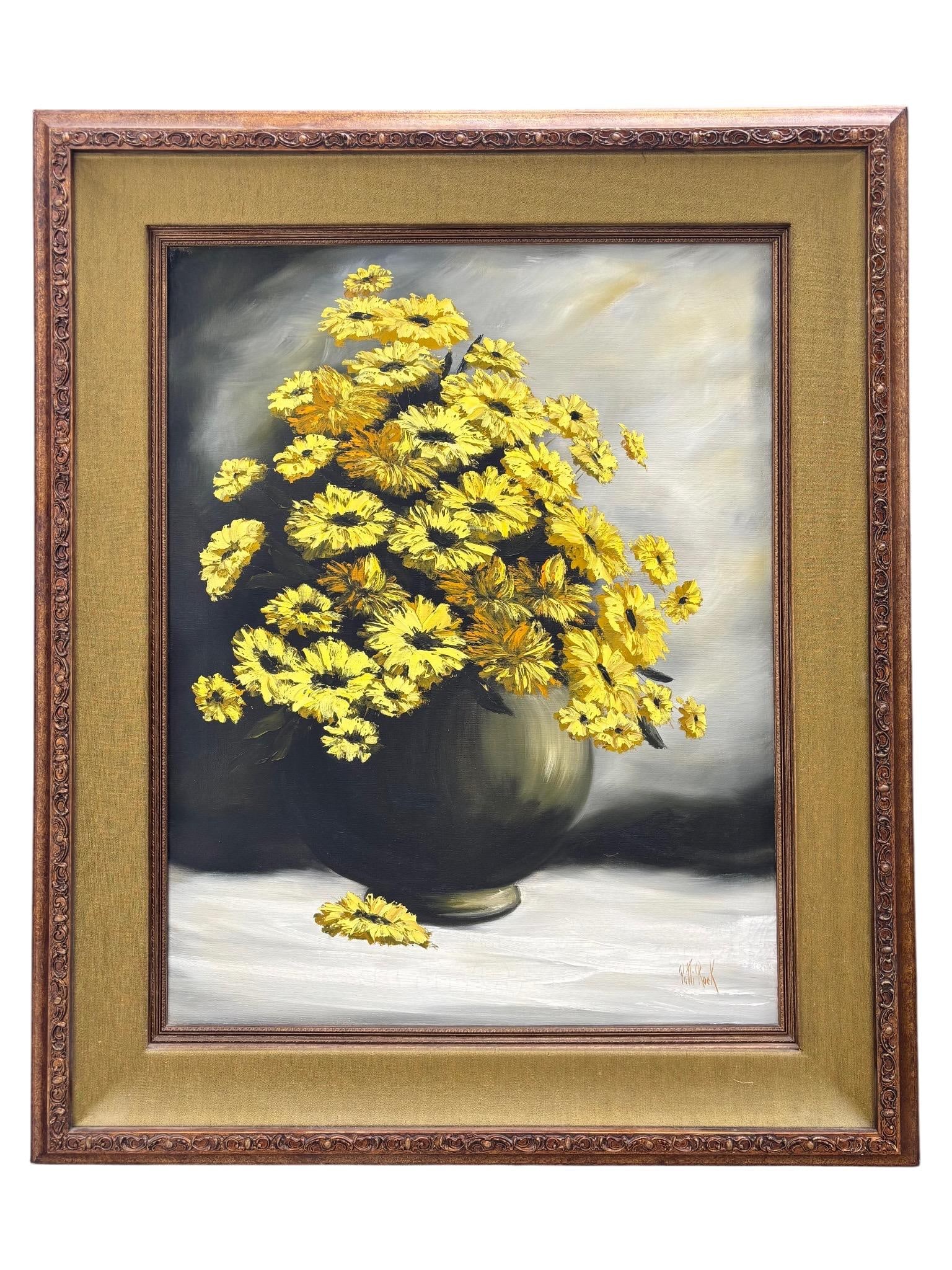 Original Mid-Century Oil on Canvas, Yellow Daisy Still Life, Signed Patti Rock, (1927 - 2004) - 7