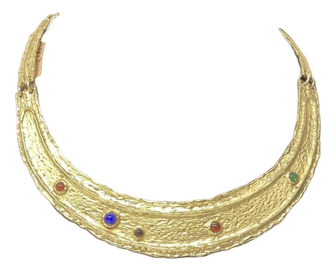 Vintage Les Bernard Egyptian Revivall Cleopatra Style Necklace With Gold-Tone Construction: Les Bernard was a prominent American costume jewelry brand known for bold, sculptural, and highly innovative runway designs. Founded in New York in 1963, the company is highly collectible today for
