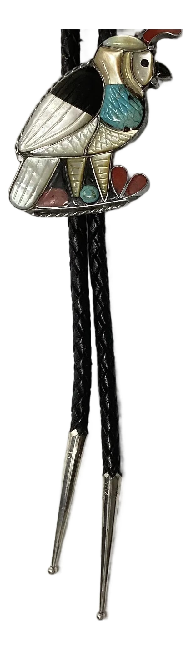 1950s Zuni Inlaid Stone Bolo Tie/Necklace in Shape of Quail: Zuni 1950's Bolo tie/necklace in shape of Gambel's Quail. Inlay of mother of pearl, onyx, turquoise, coral, and shell on carved sterling silver back. Condition: Alterations: Original Condition Unalter