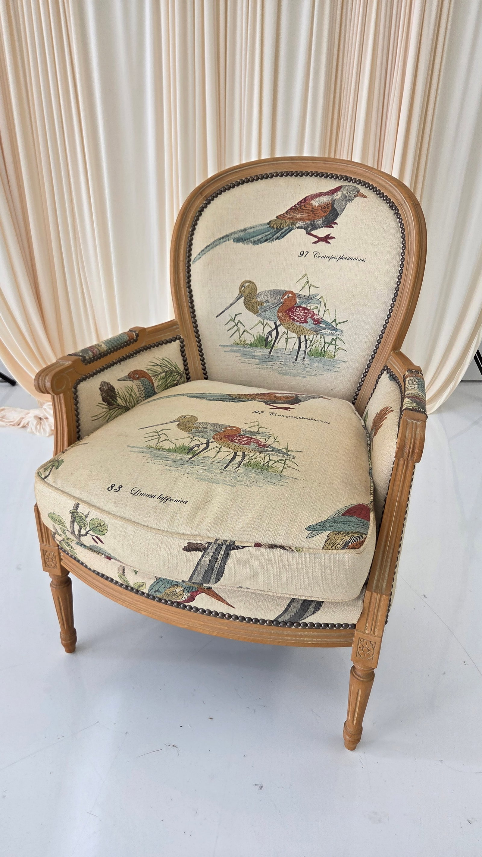 1980s French Louis XVI Style Armchair With Upholstered Bird Tapestry Fabric - 14