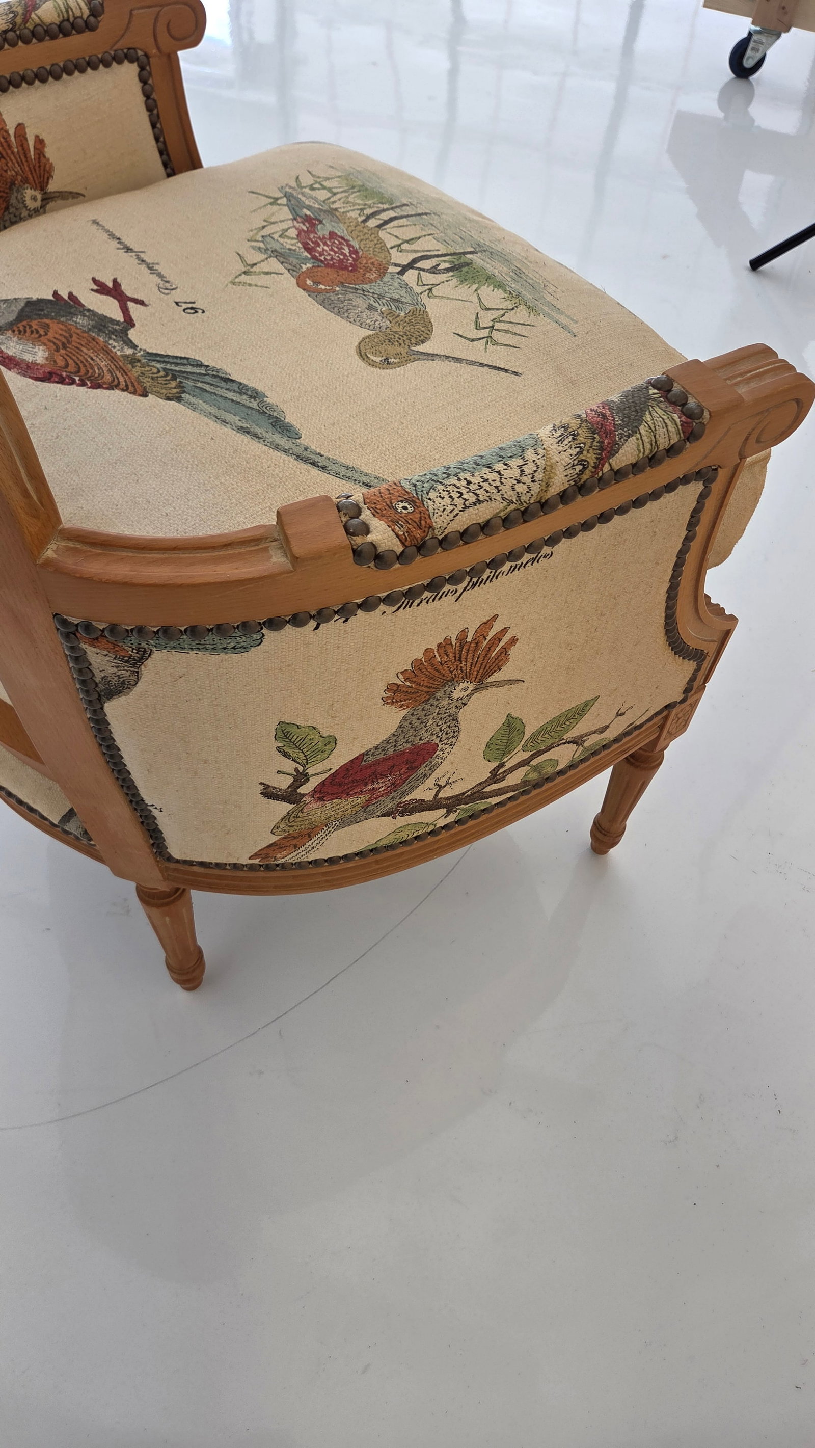 1980s French Louis XVI Style Armchair With Upholstered Bird Tapestry Fabric - 9