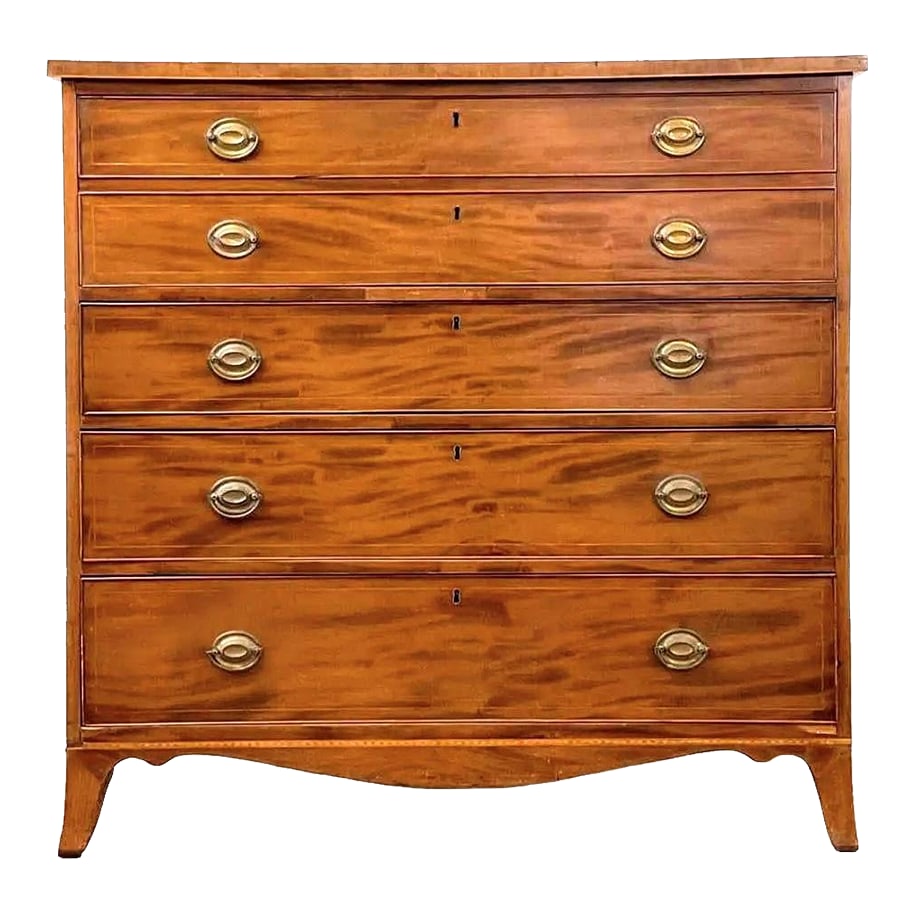 Antique Early 1800 Georgian English Secretaire Cabinet, Walnut: The heavy English hardwood chest features satin inlay trim and brass hardware and pulls, the top drawer has a drop front that opens to reveal multiple small inlaid and dovetailed drawers, open cubbies