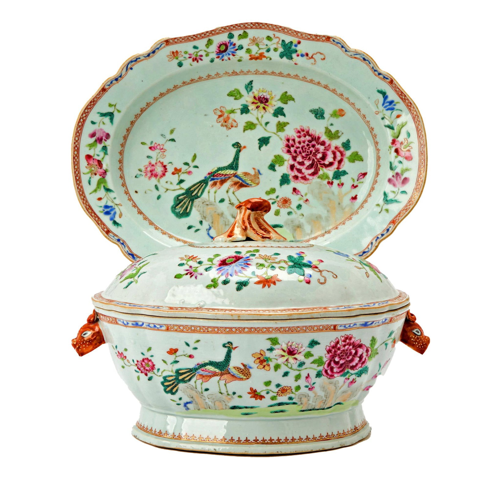 18th-Century Chinese Export Porcelain Double Peacock Pattern Soup Tureen, Cover & Stand - 18