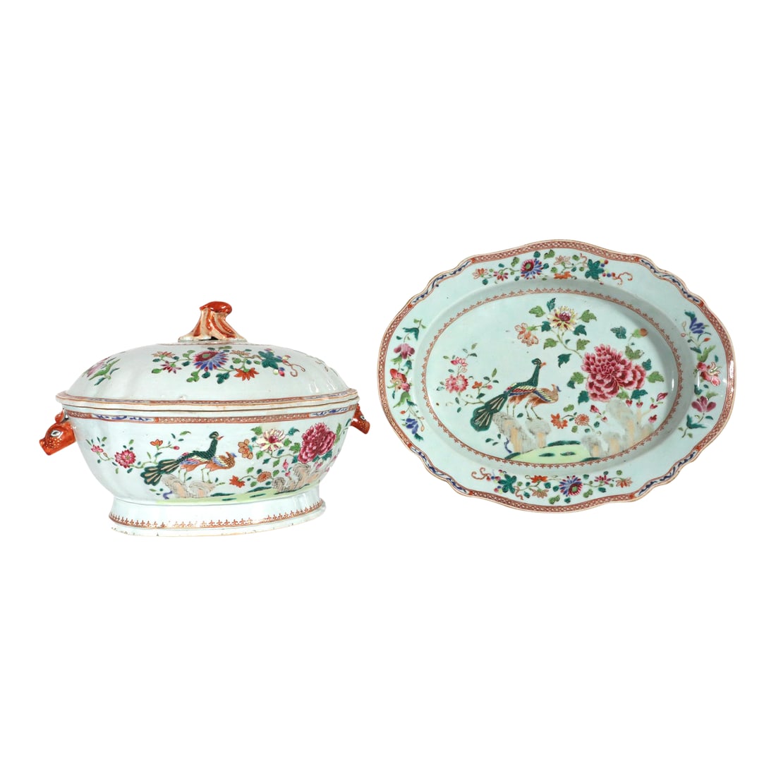 18th-Century Chinese Export Porcelain Double Peacock Pattern Soup Tureen, Cover & Stand: Imperial Opulence: A Chinese Export Porcelain "Double Peacock" Soup Tureen, Cover, and Stand Circa 1740–1760 This magnificent Chinese export porcelain soup tureen, cover, and under-stand is