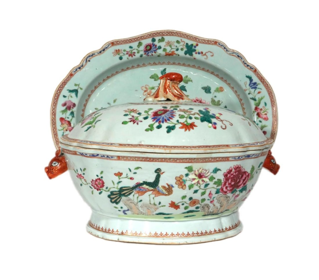 18th-Century Chinese Export Porcelain Double Peacock Pattern Soup Tureen, Cover & Stand - 2