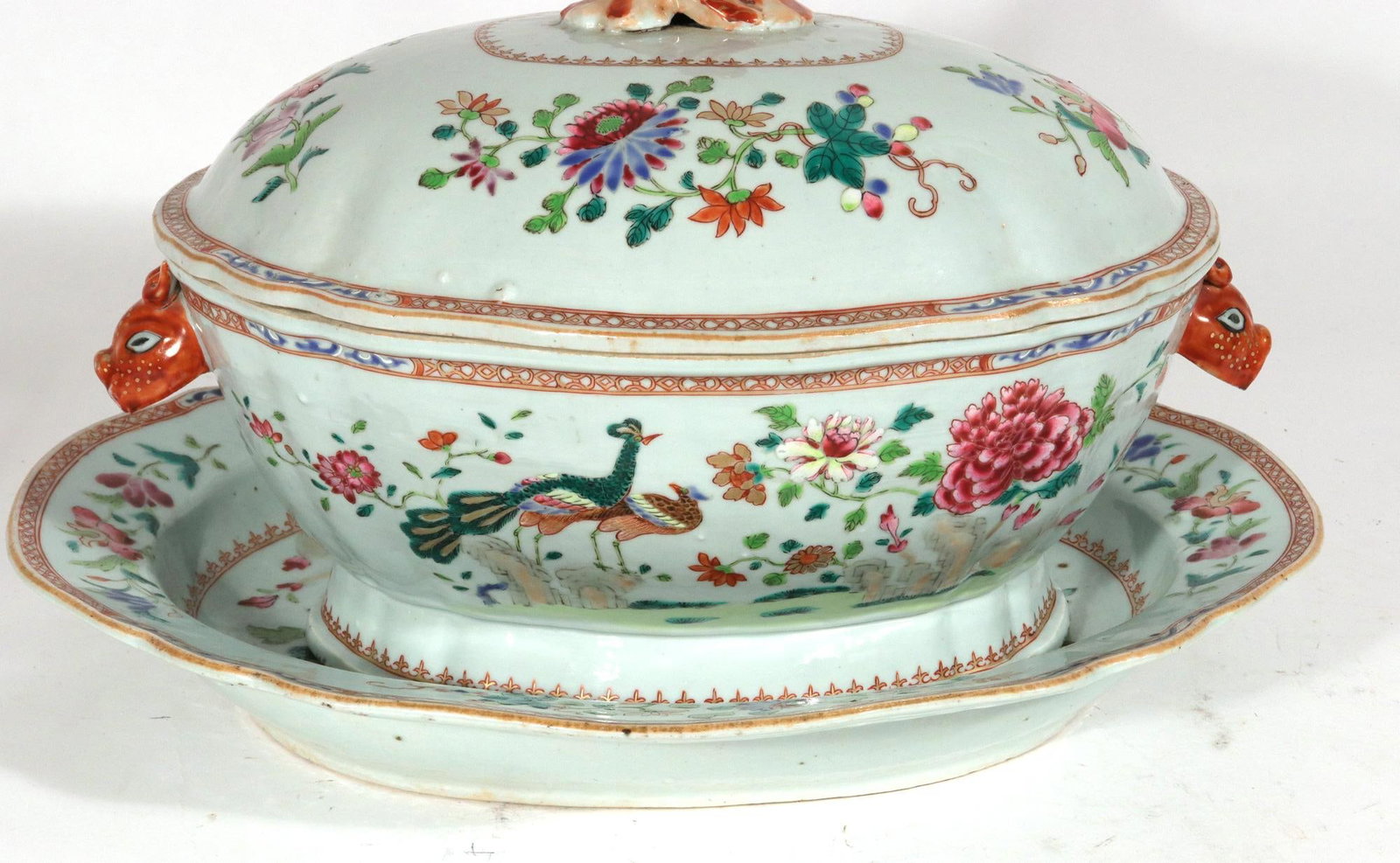 18th-Century Chinese Export Porcelain Double Peacock Pattern Soup Tureen, Cover & Stand - 5