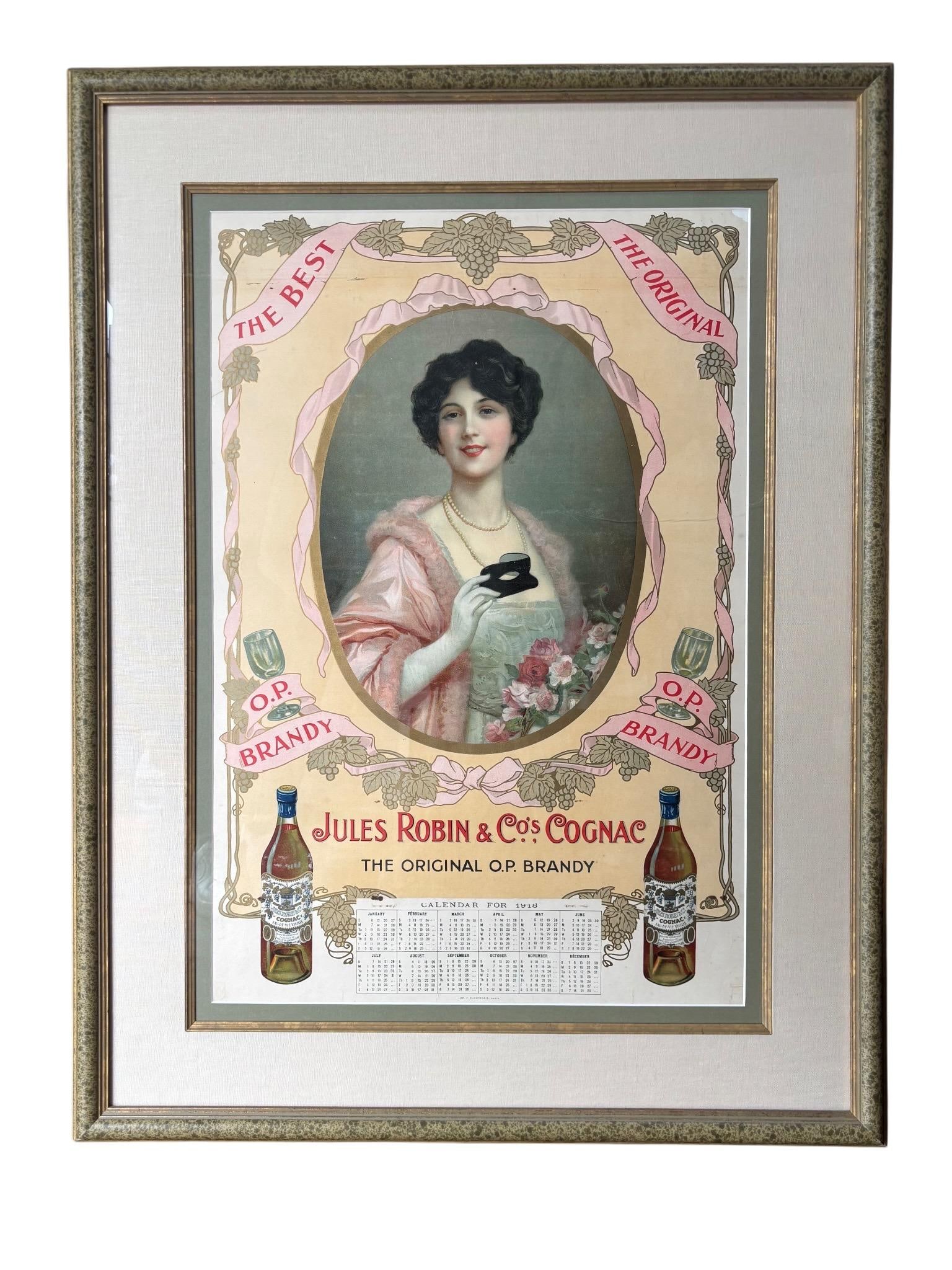 Jules Robin & Co. Original French Cognac Calandar Poster, 1918: From the estate of a Los Angeles collector whose holdings encompassed museum-caliber Art Deco and Art Nouveau works. .By 1918, Jules Robin & Co. had grown into France's second-largest cognac house
