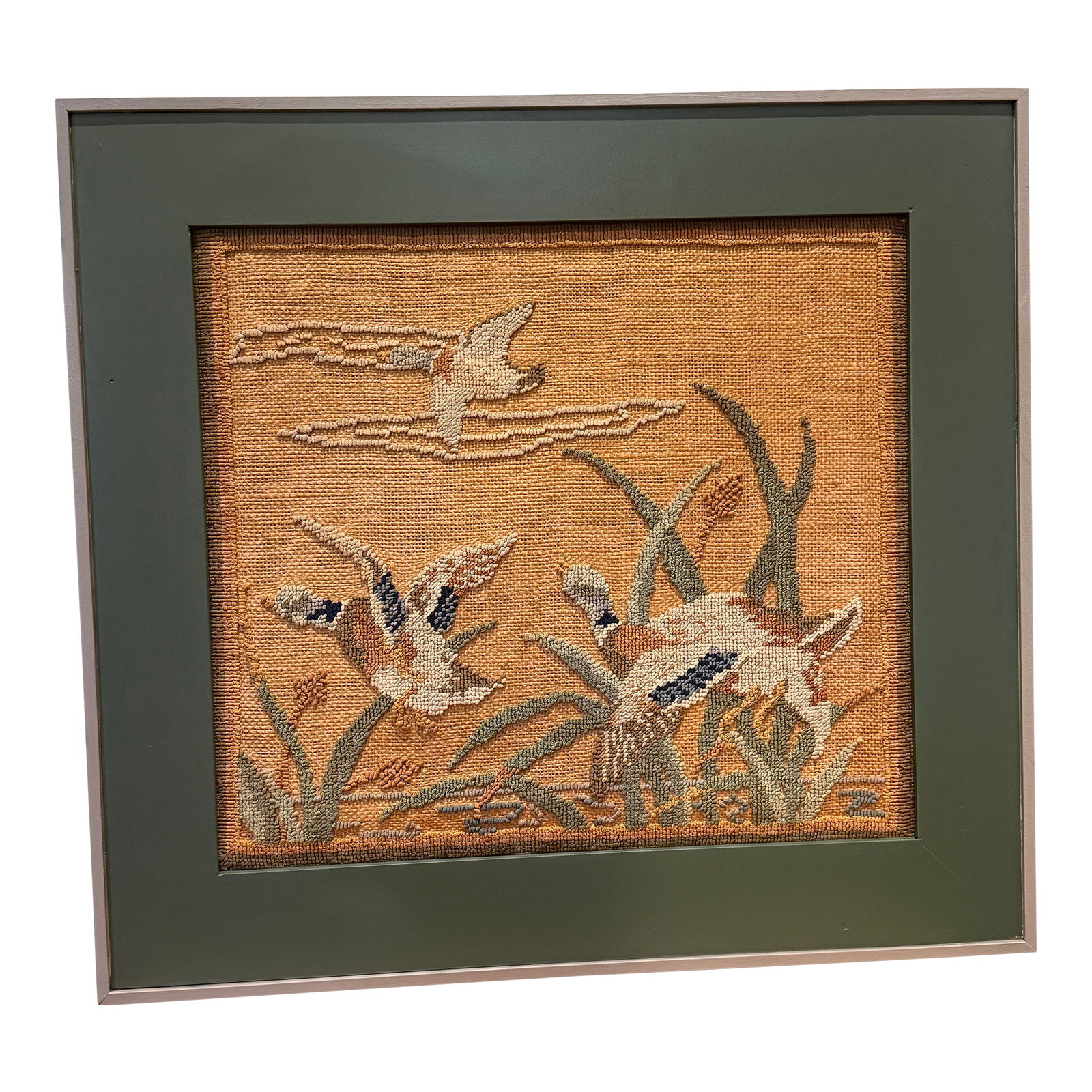 Early Grenfell Industries Hooked Rug Mat Ducks in Flight Framed 1930s Newfoundland Folk Art: A wonderful early Grenfell Industries hooked mat featuring a charming scene of ducks in flight over marsh grasses and cattails. This beautifully executed textile dates to the 1930s and reflects the