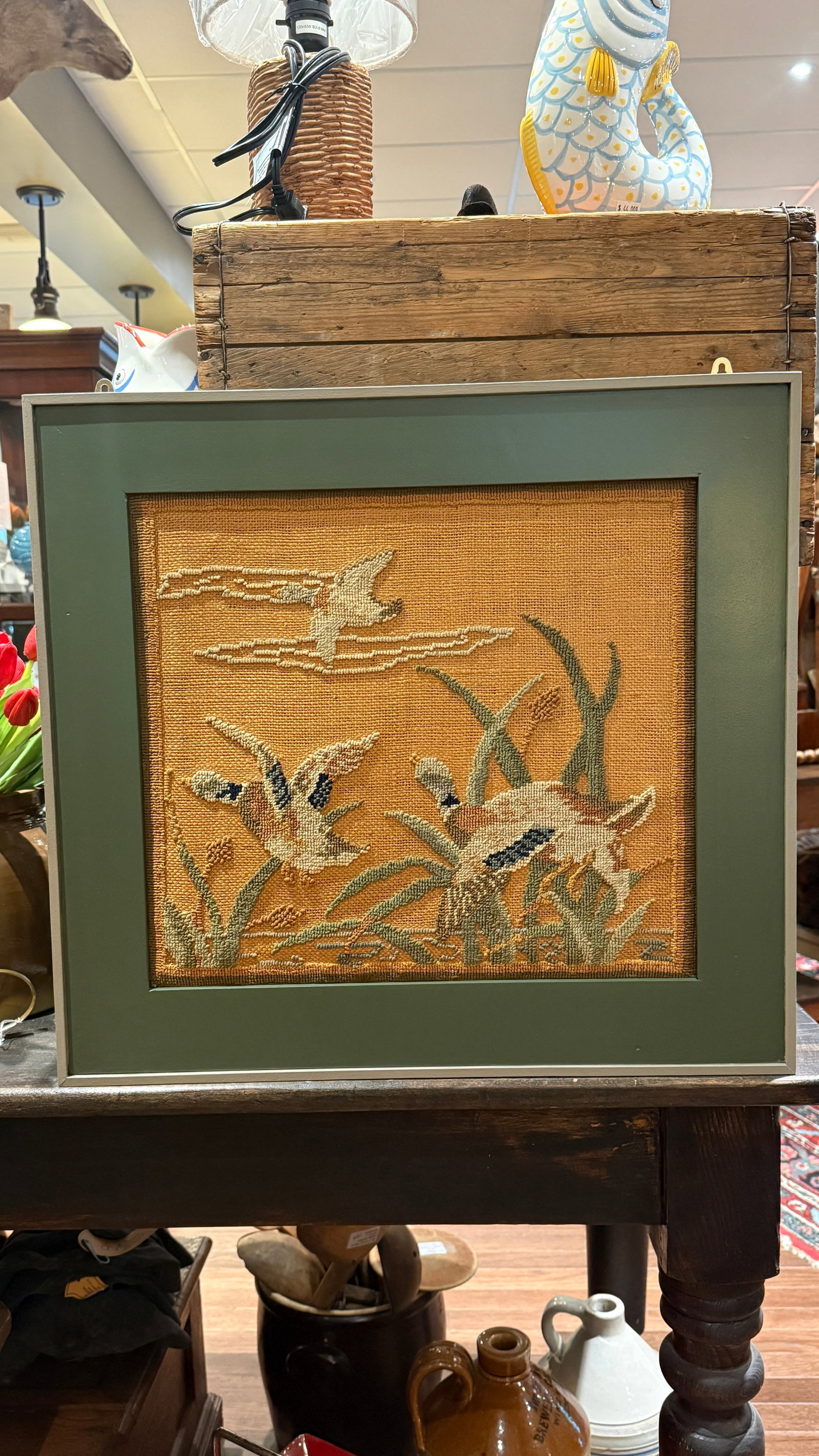 Early Grenfell Industries Hooked Rug Mat Ducks in Flight Framed 1930s Newfoundland Folk Art - 2